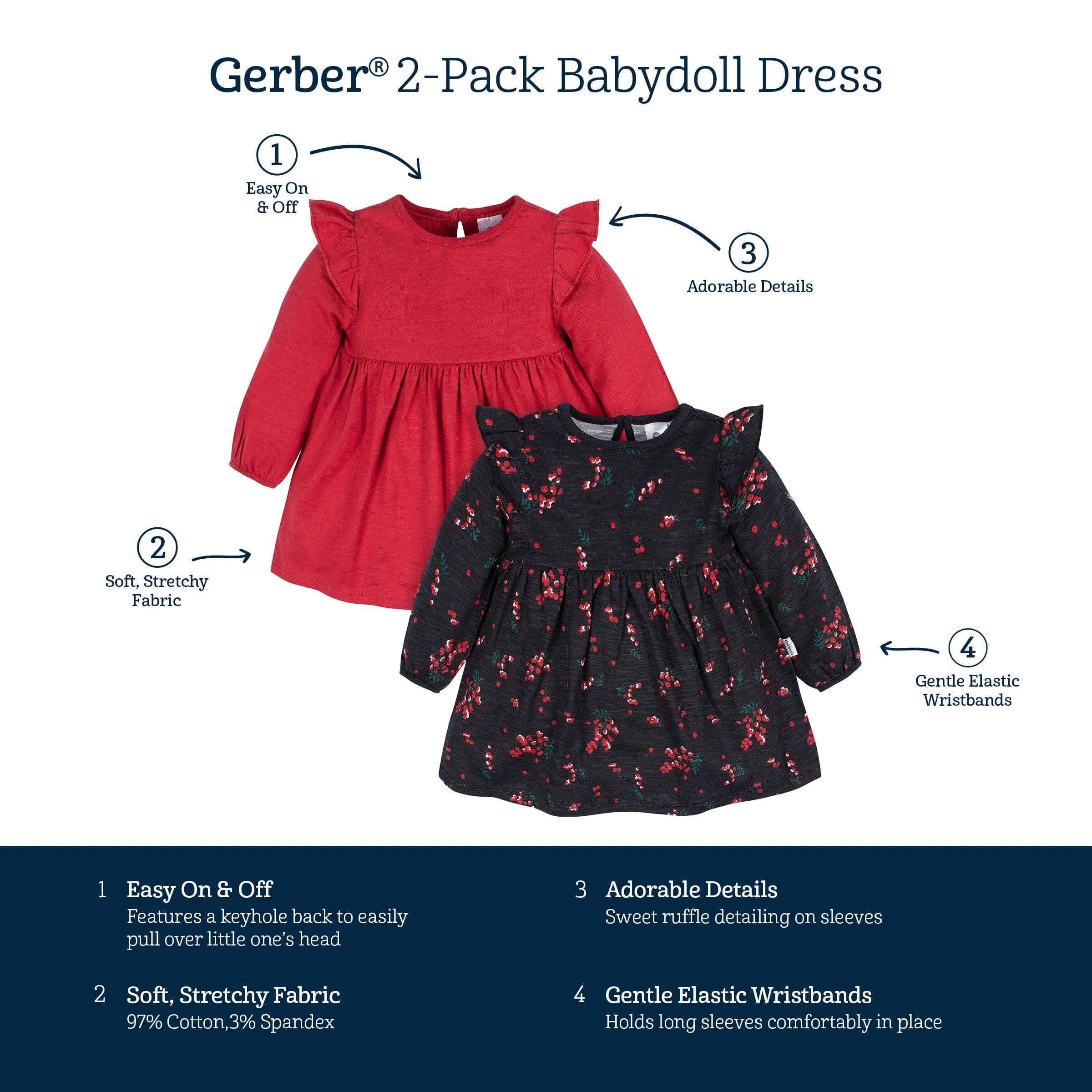 2-Pack Baby & Toddler Girls Holly Berries Babydoll Dresses Gerber Childrenswea