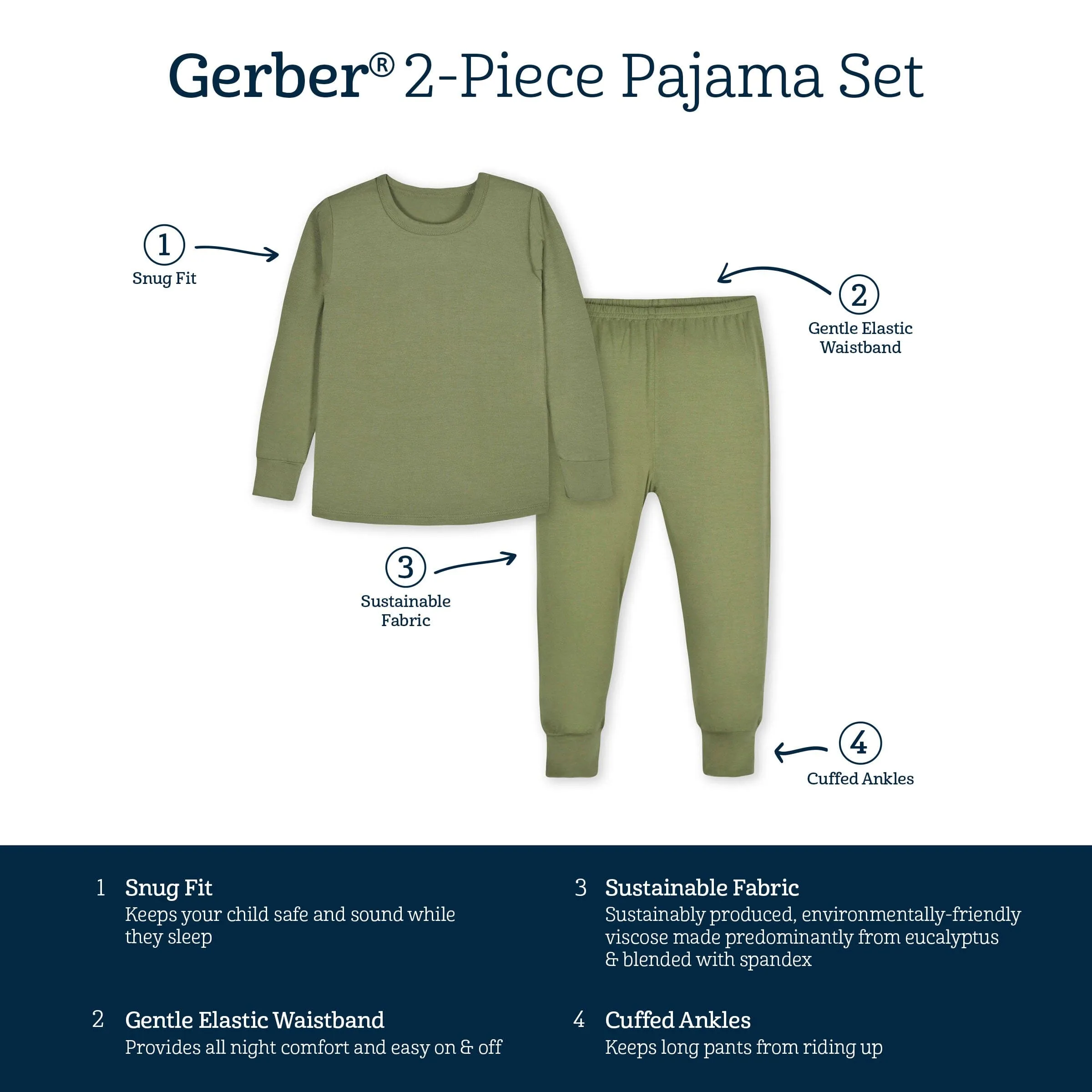 2-Piece Infant & Toddler Moss Buttery Soft Viscose Made from Eucalyptus Snug Fit Pajamas Gerber Childrenswea