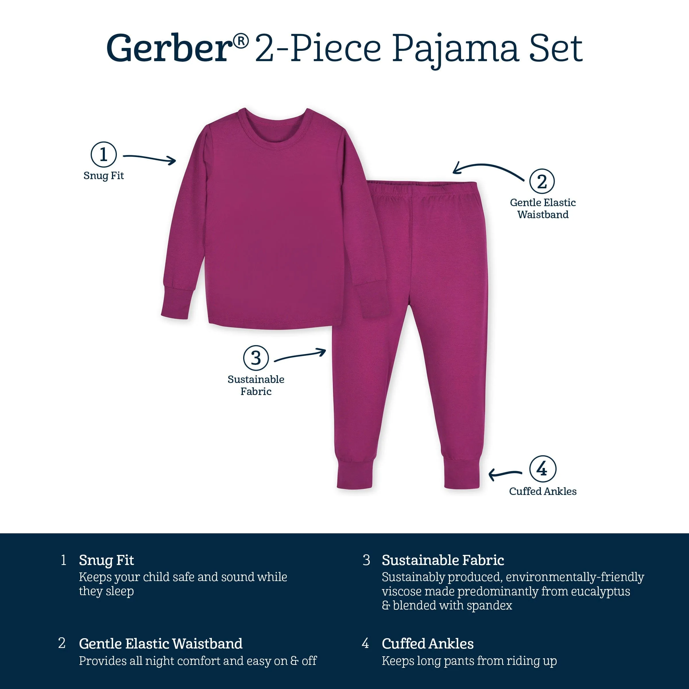 2-Piece Infant & Toddler Raspberry Buttery Soft Viscose Made from Eucalyptus Snug Fit Pajamas Gerber Childrenswea