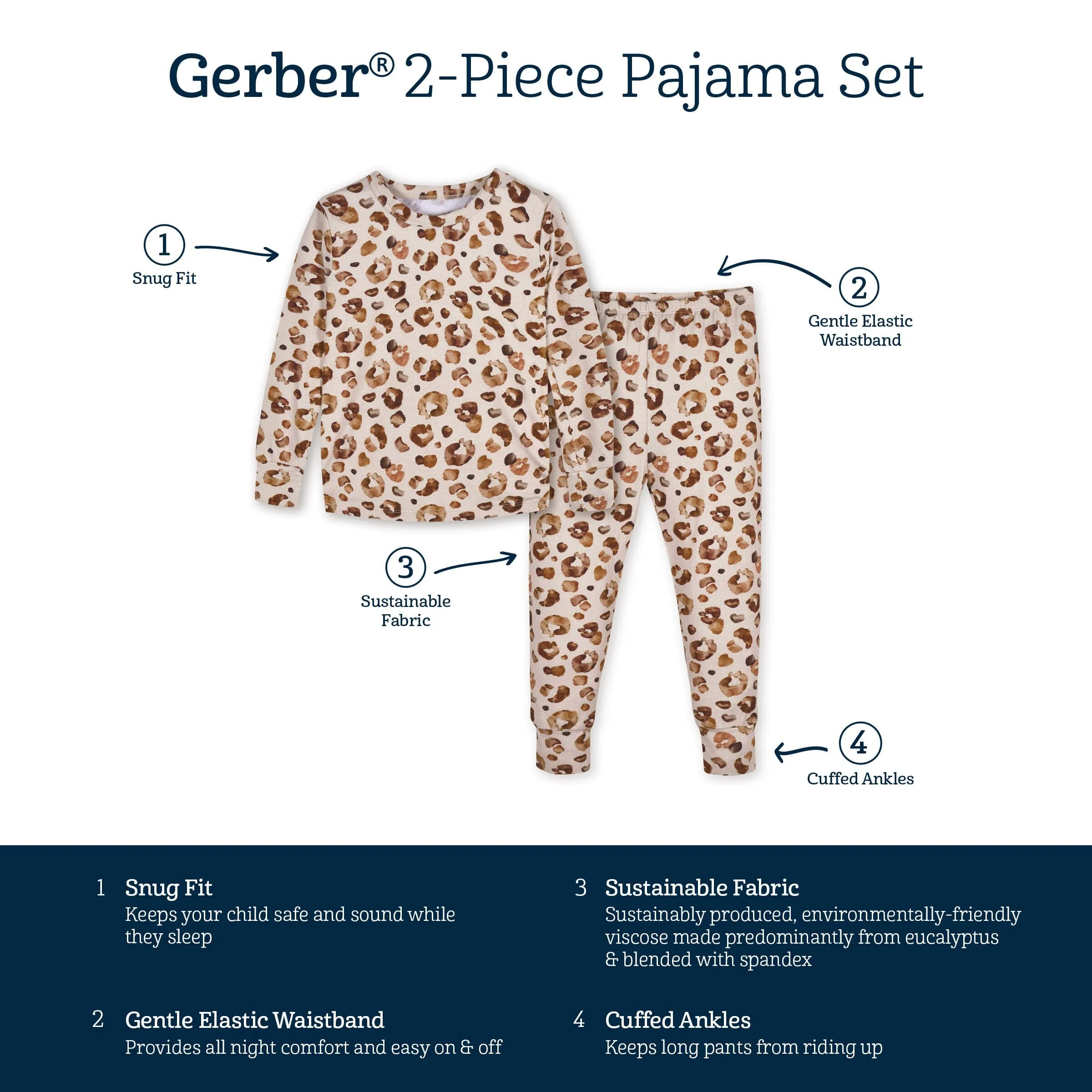 2-Piece Infant & Toddler Spotted Leopard Buttery Soft Viscose Made from Eucalyptus Snug Fit Pajamas Gerber Childrenswea