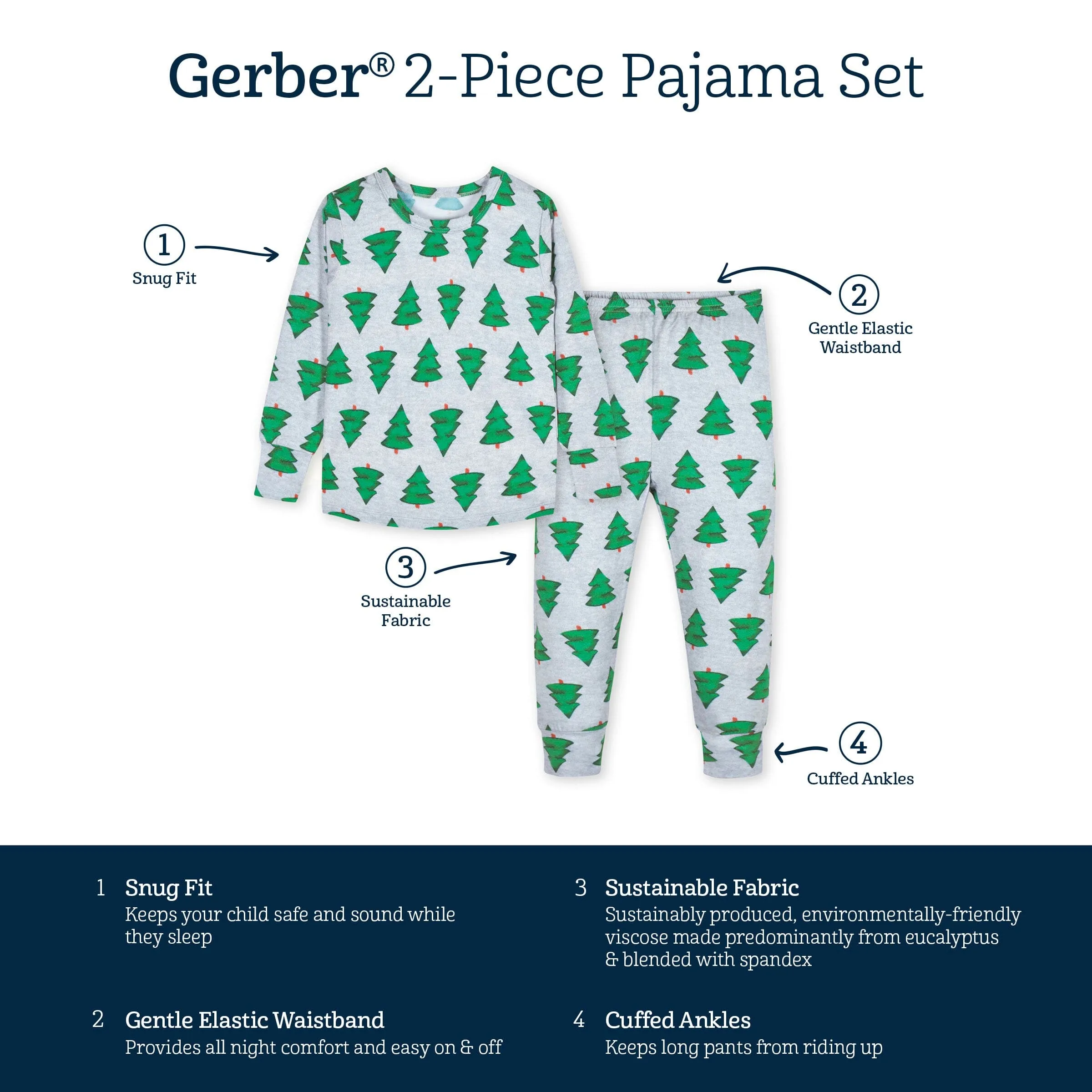 2-Piece Infant & Toddler Spruce Buttery Soft Viscose Made from Eucalyptus Snug Fit Holiday Pajamas Gerber Childrenswea