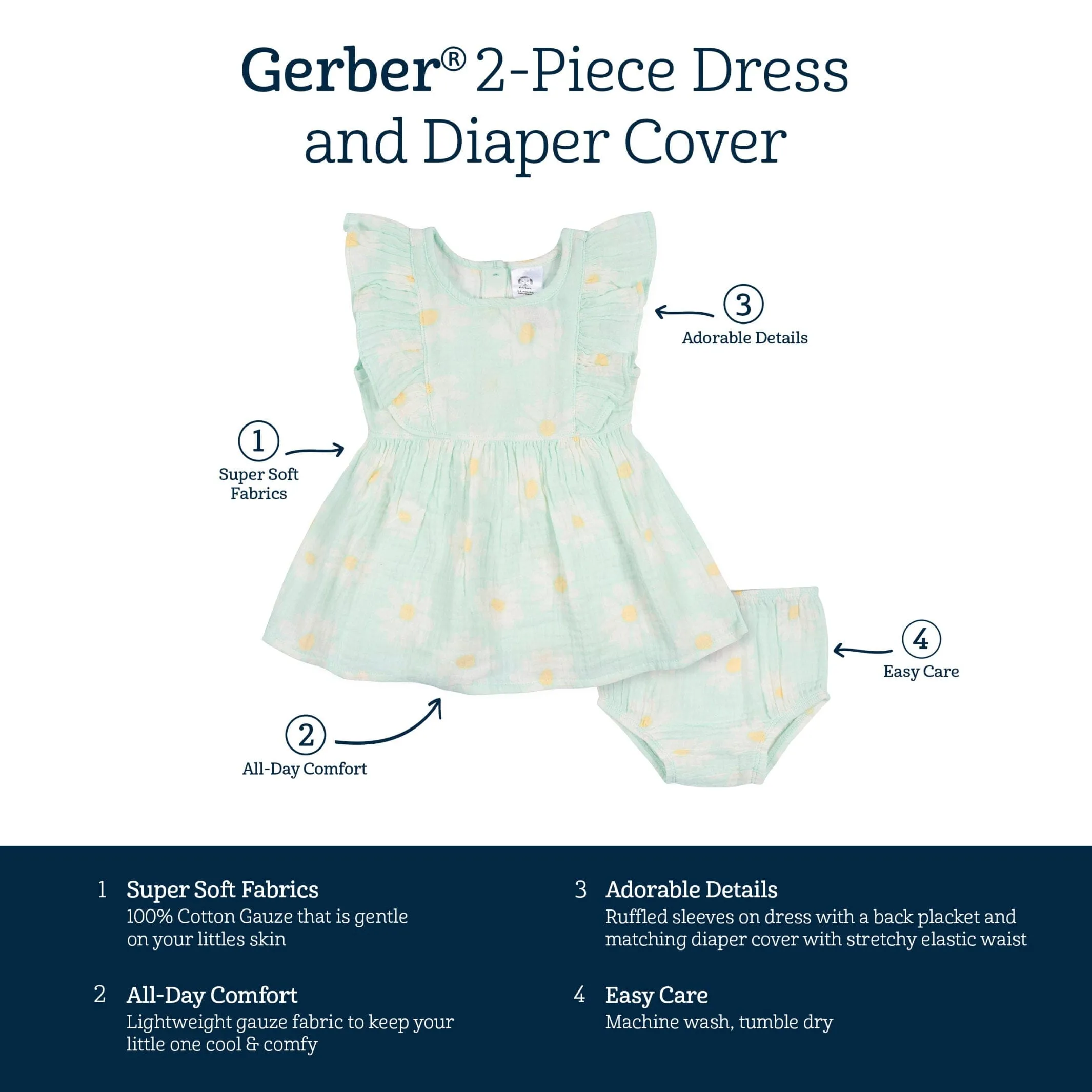 2-Piece Toddler Girls Daisies Gauze Dress & Diaper Cover Set Gerber Childrenswea