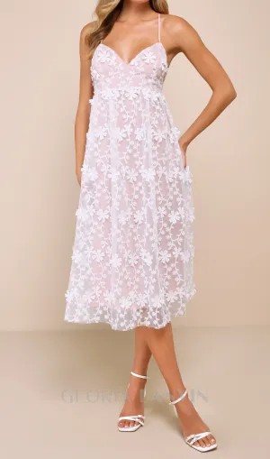 3D Floral Applique Midi Dress in White Gloria Lanvin