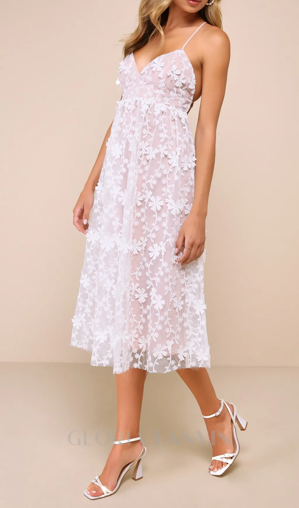 3D Floral Applique Midi Dress in White Gloria Lanvin