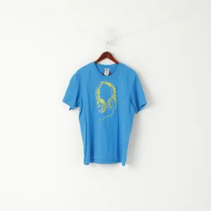 Adidas Men L T- Shirt Blue Cotton Graphic Headphones Crew Neck Sport Top