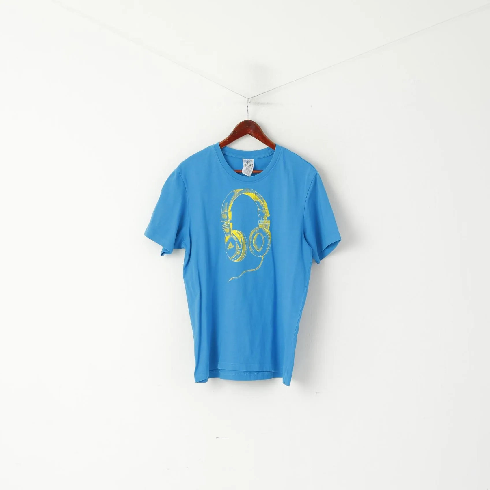 Adidas Men L T- Shirt Blue Cotton Graphic Headphones Crew Neck Sport Top