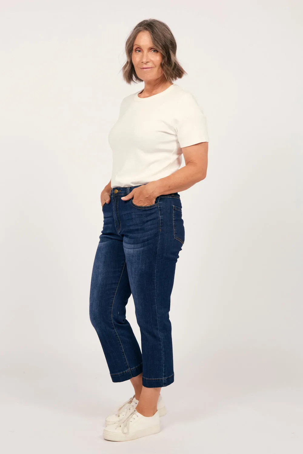 Adrift Denim Cropped Straight Leg Jeans in Dark Wash Adrift