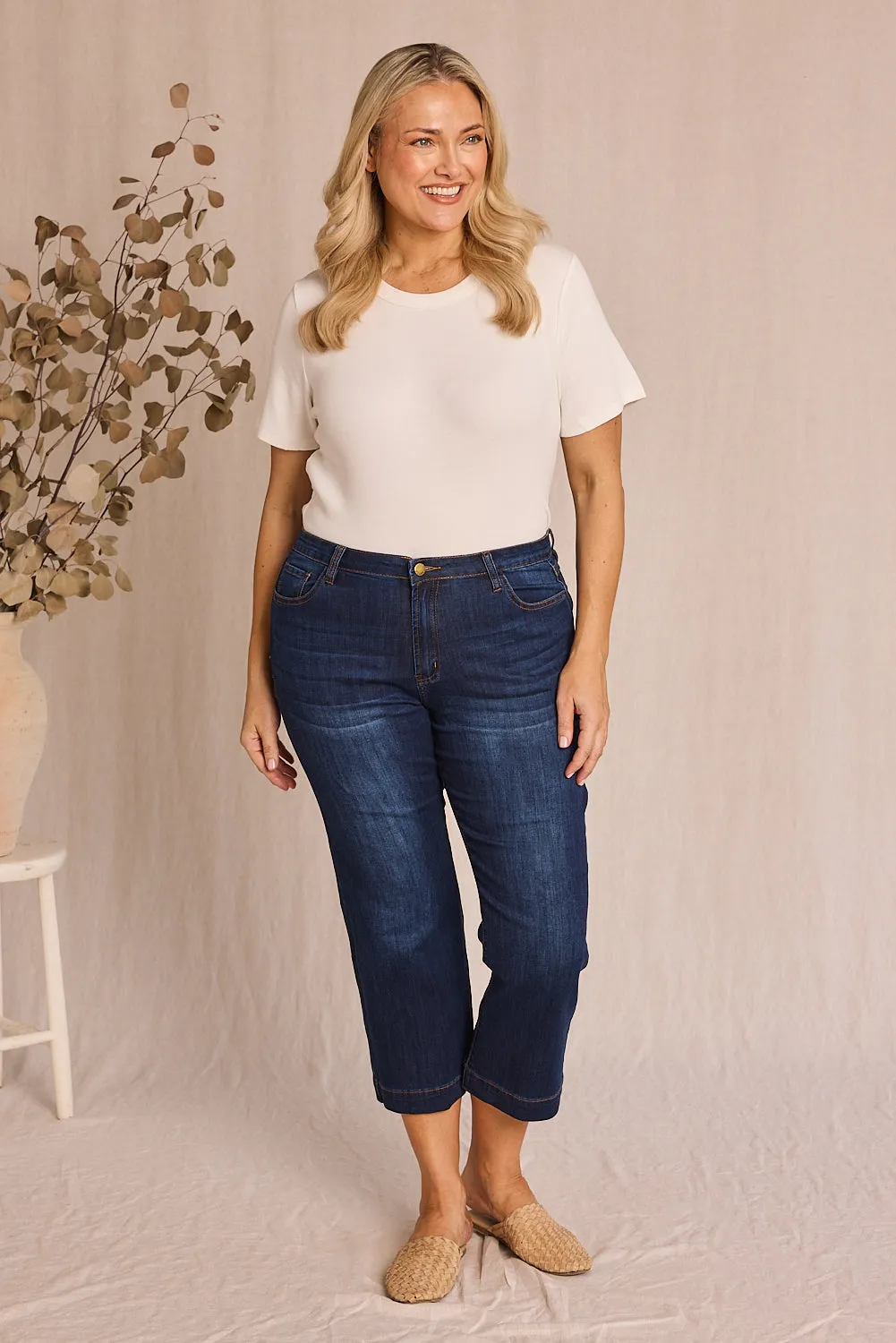 Adrift Denim Cropped Straight Leg Jeans in Dark Wash Adrift