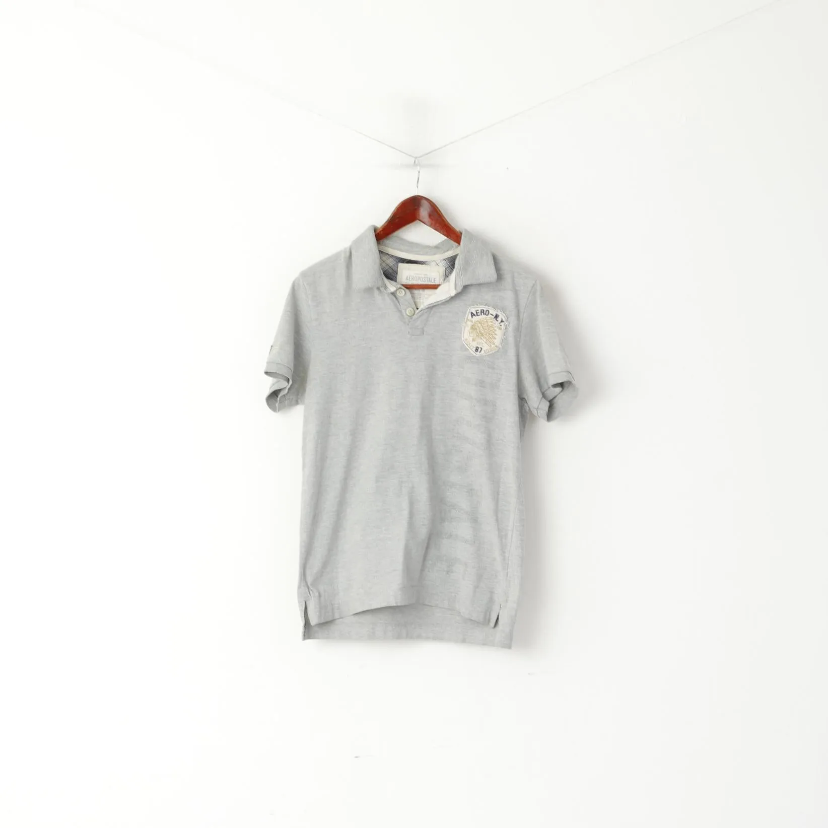 Aeropostale Men M Polo Shirt Grey Cotton 87 Division Vintage Detailed Buttons Top