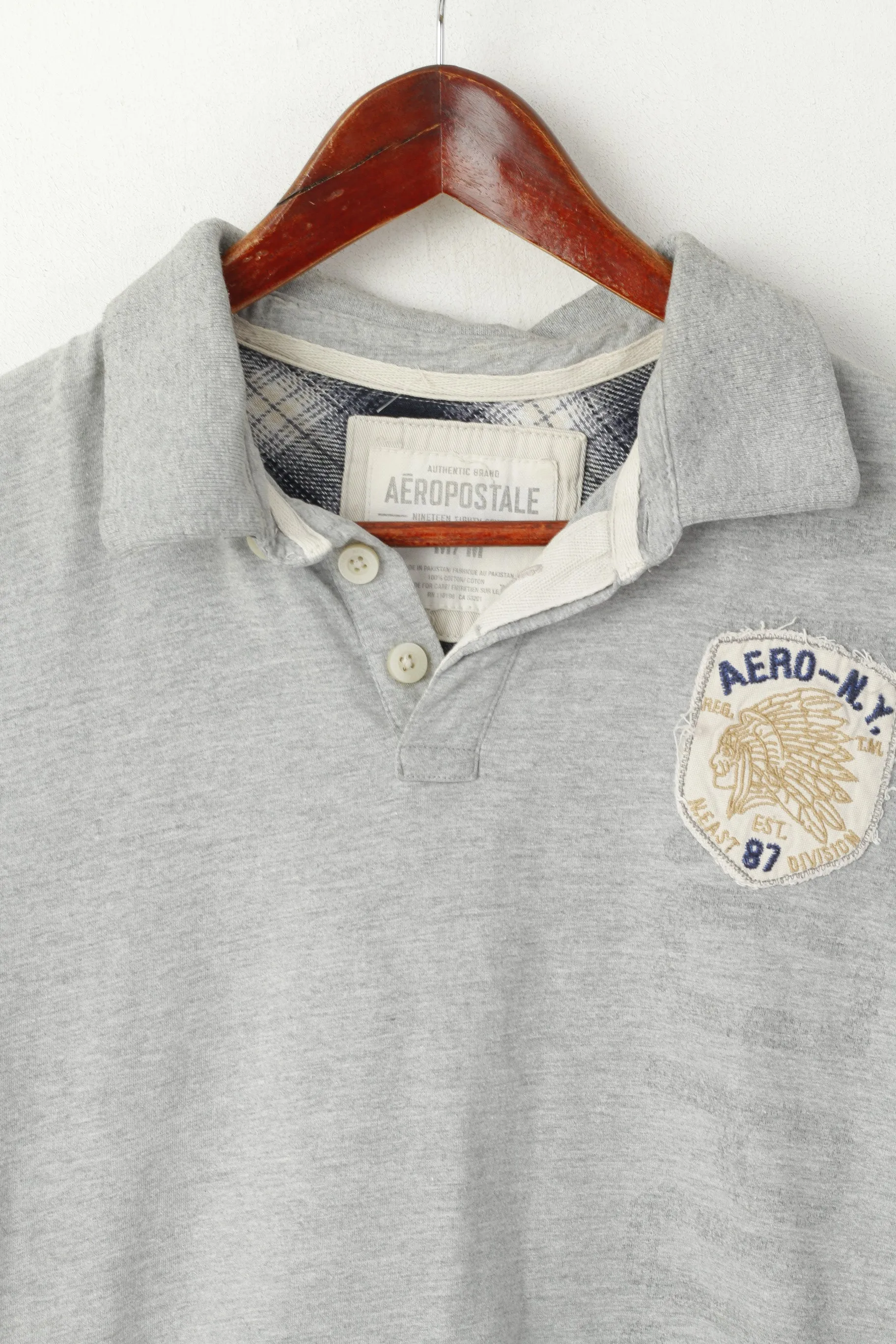 Aeropostale Men M Polo Shirt Grey Cotton 87 Division Vintage Detailed Buttons Top