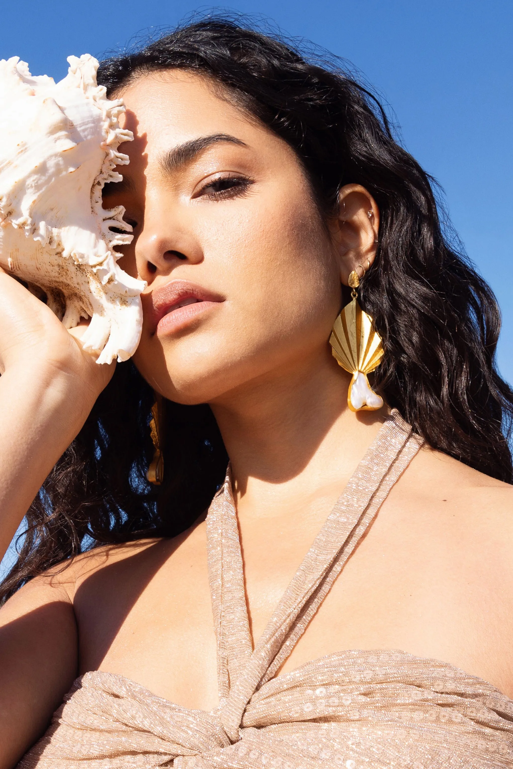 Aloha | Gold Leaf Drop Earrings With Iridescent Shell Club L London
