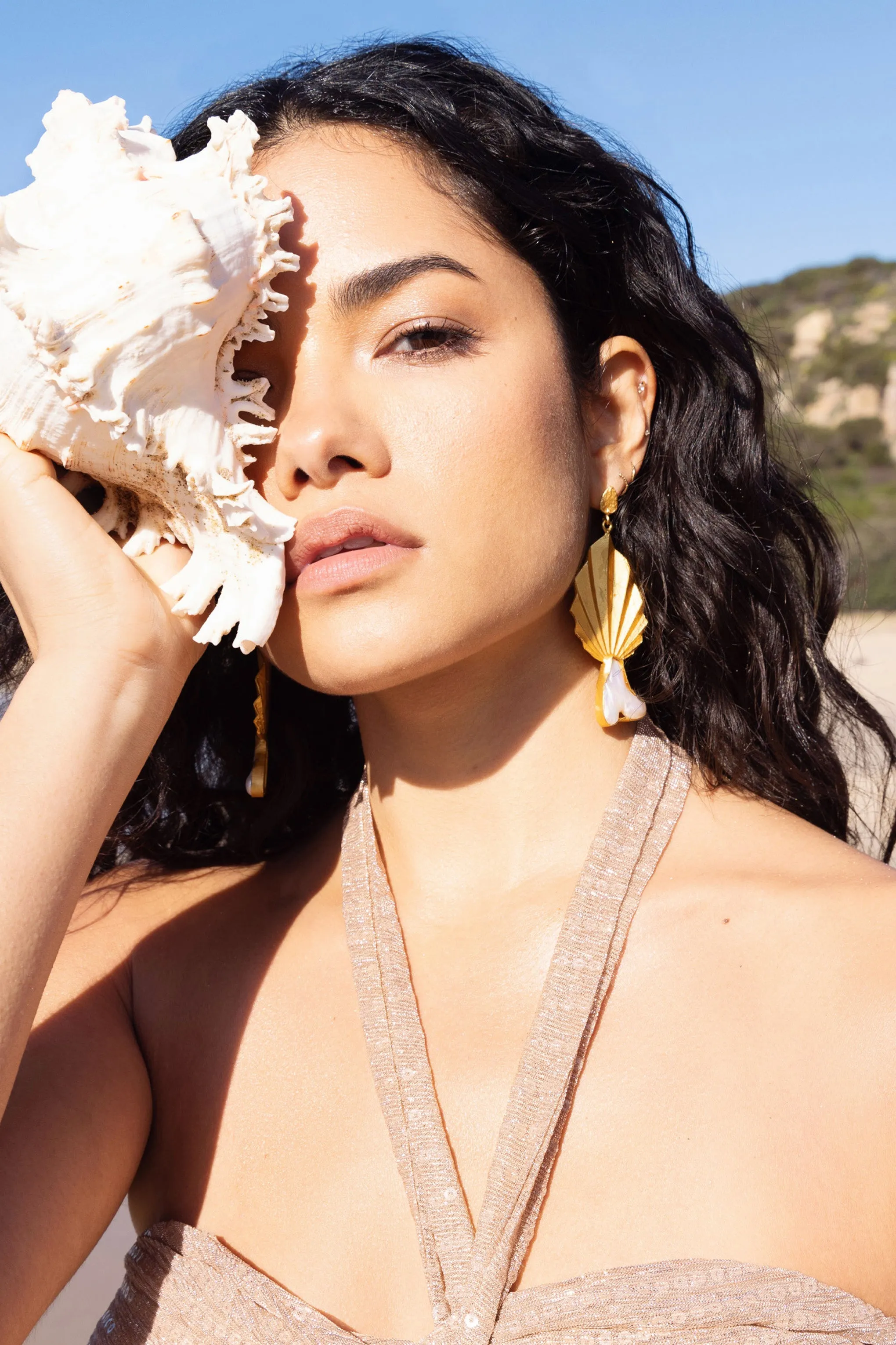 Aloha | Gold Leaf Drop Earrings With Iridescent Shell Club L London