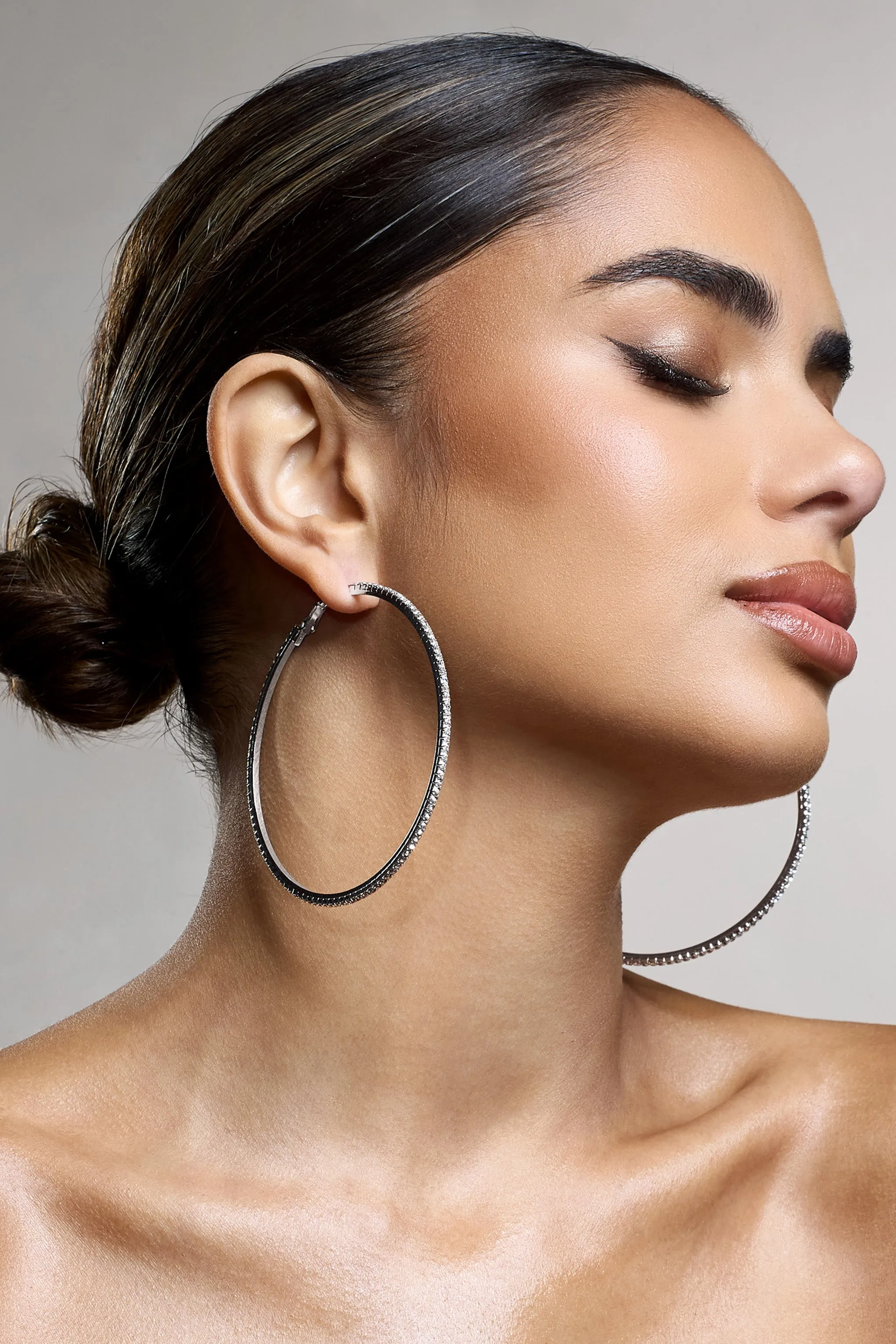 Amika | Silver Diamante Thin Hoop Earrings Club L London