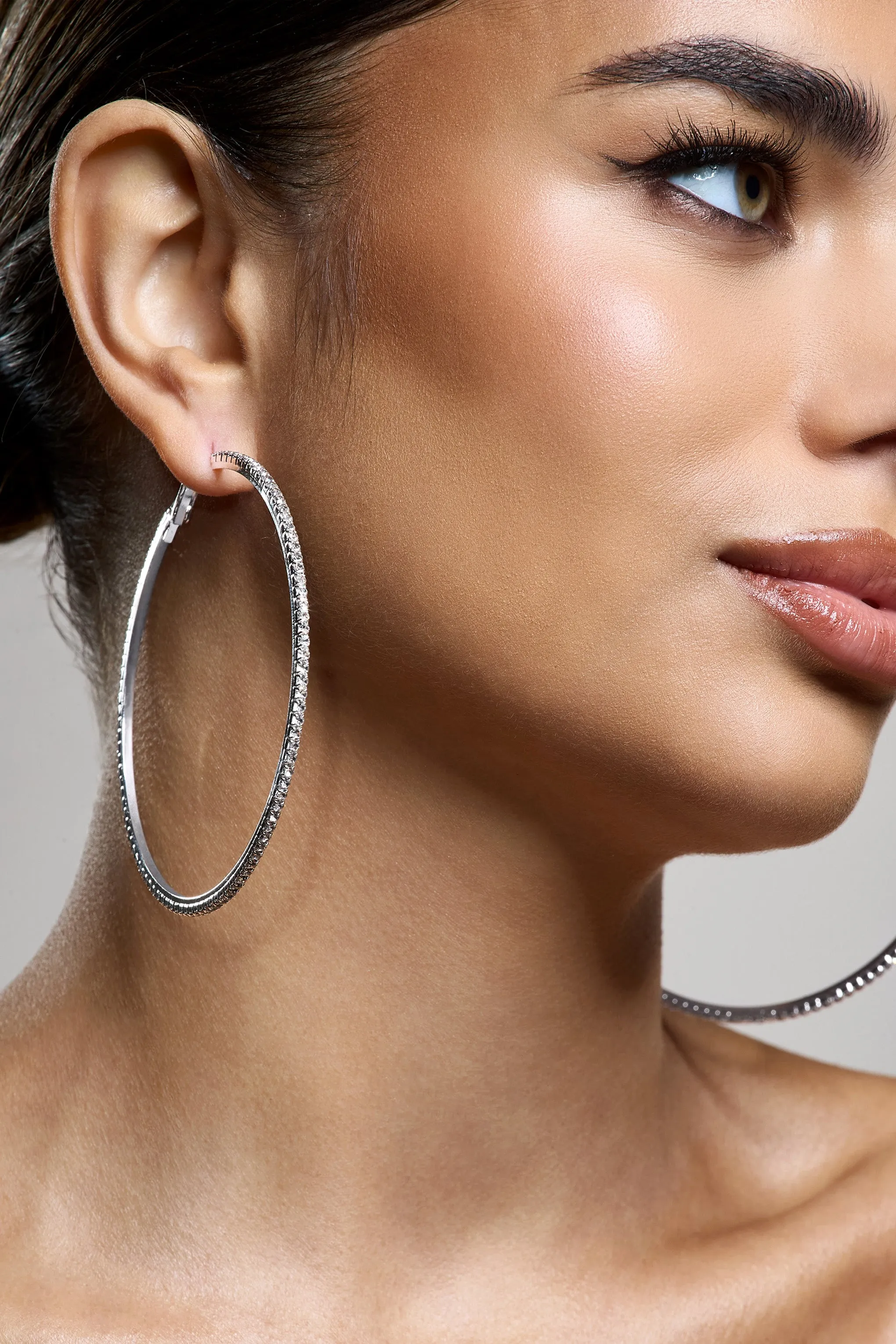 Amika | Silver Diamante Thin Hoop Earrings Club L London