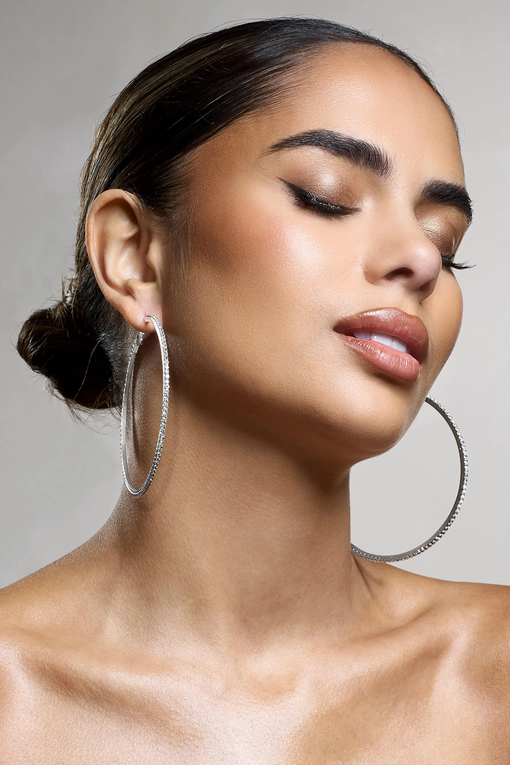 Amika | Silver Diamante Thin Hoop Earrings Club L London