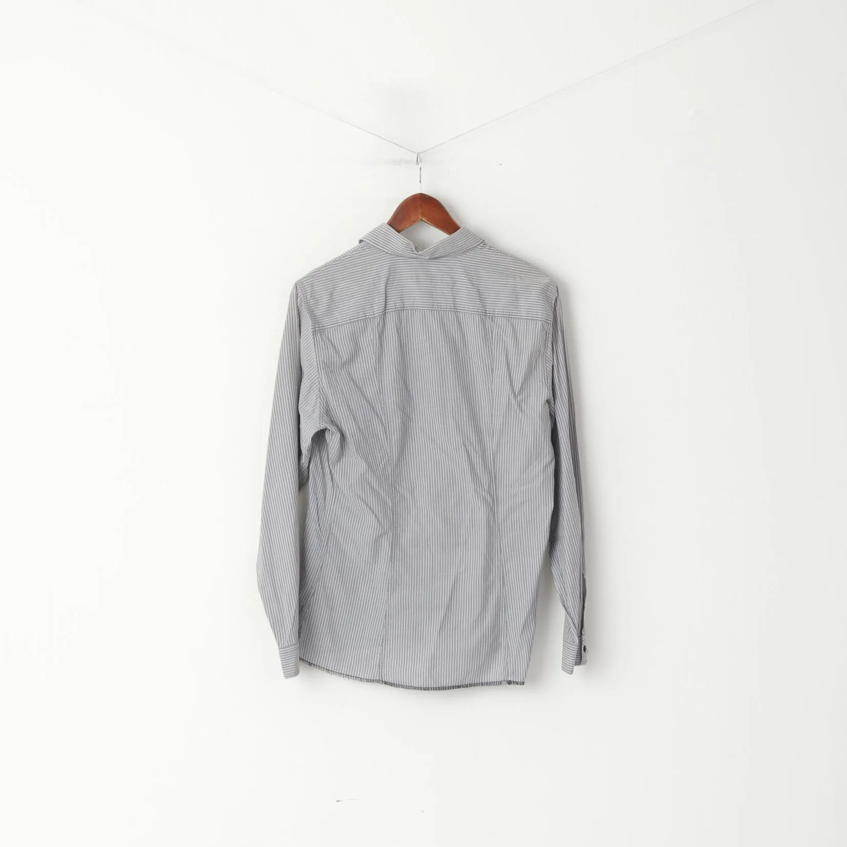 Armani Jeans Men M (S) Casual Shirt Grey Striped Cotton Long Sleeve Logo Top