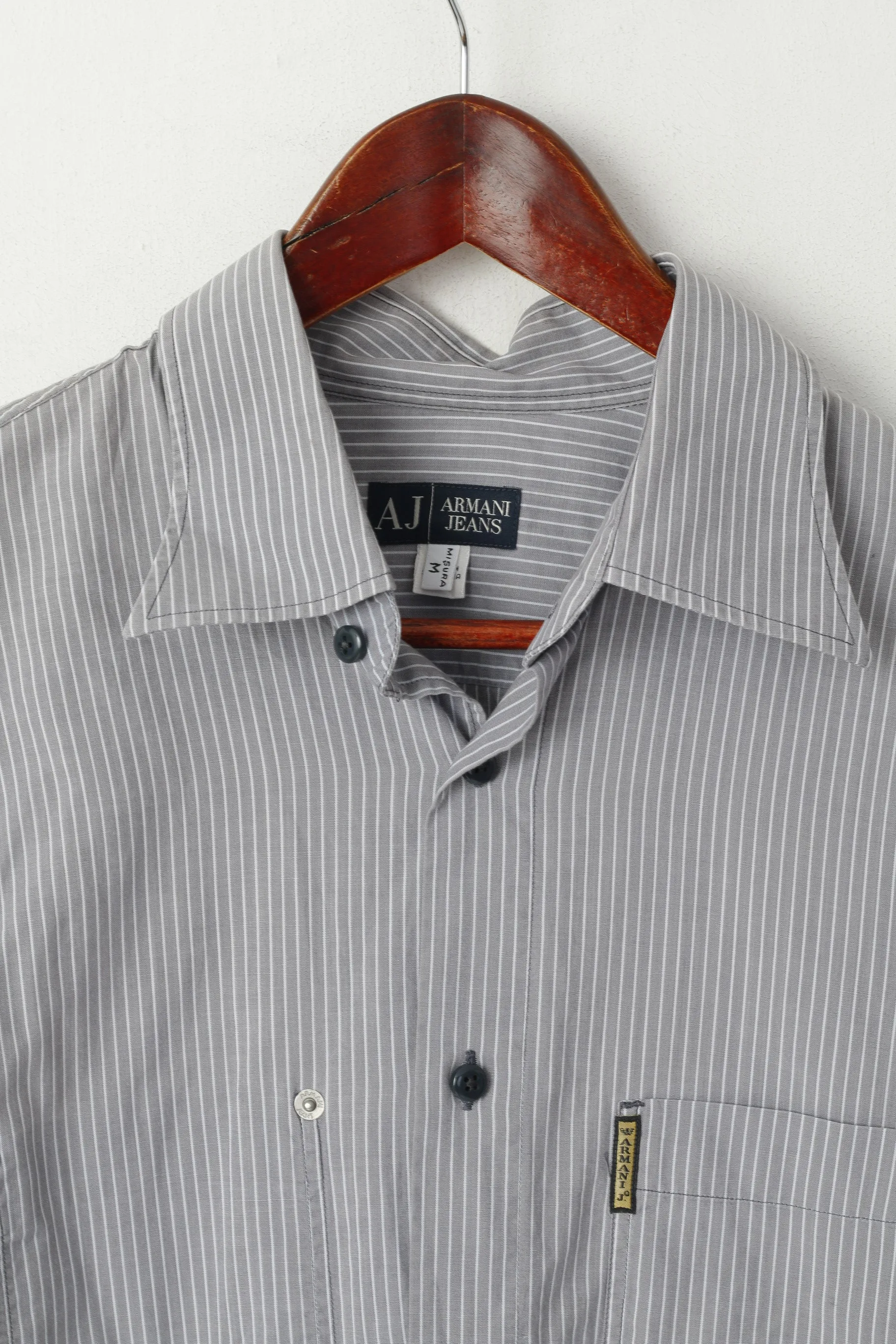 Armani Jeans Men M (S) Casual Shirt Grey Striped Cotton Long Sleeve Logo Top