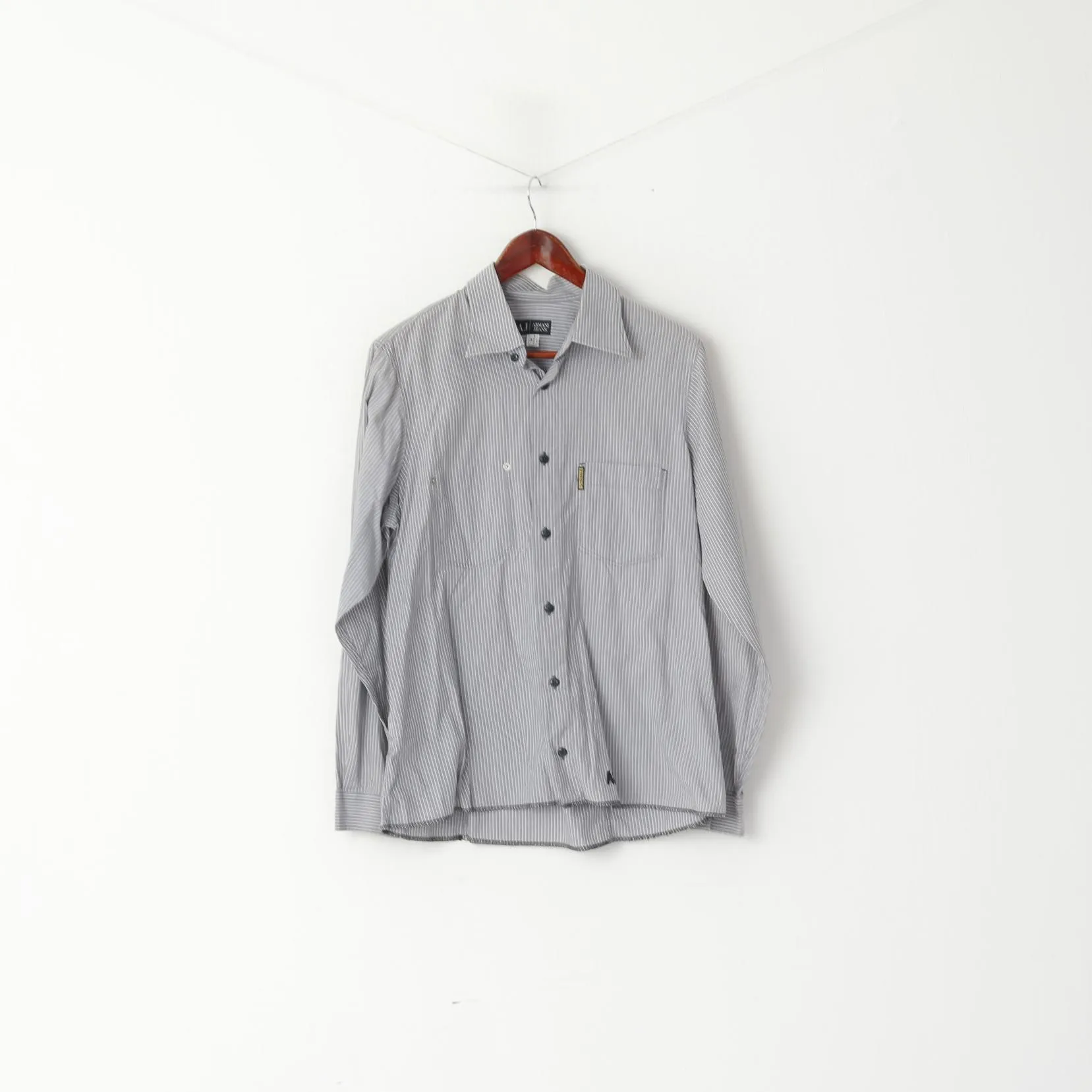 Armani Jeans Men M (S) Casual Shirt Grey Striped Cotton Long Sleeve Logo Top
