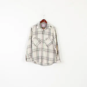Azzurra Men M Casual Shirt Cream Vintage Warm Checkered Wool Blend Italy Long Sleeve