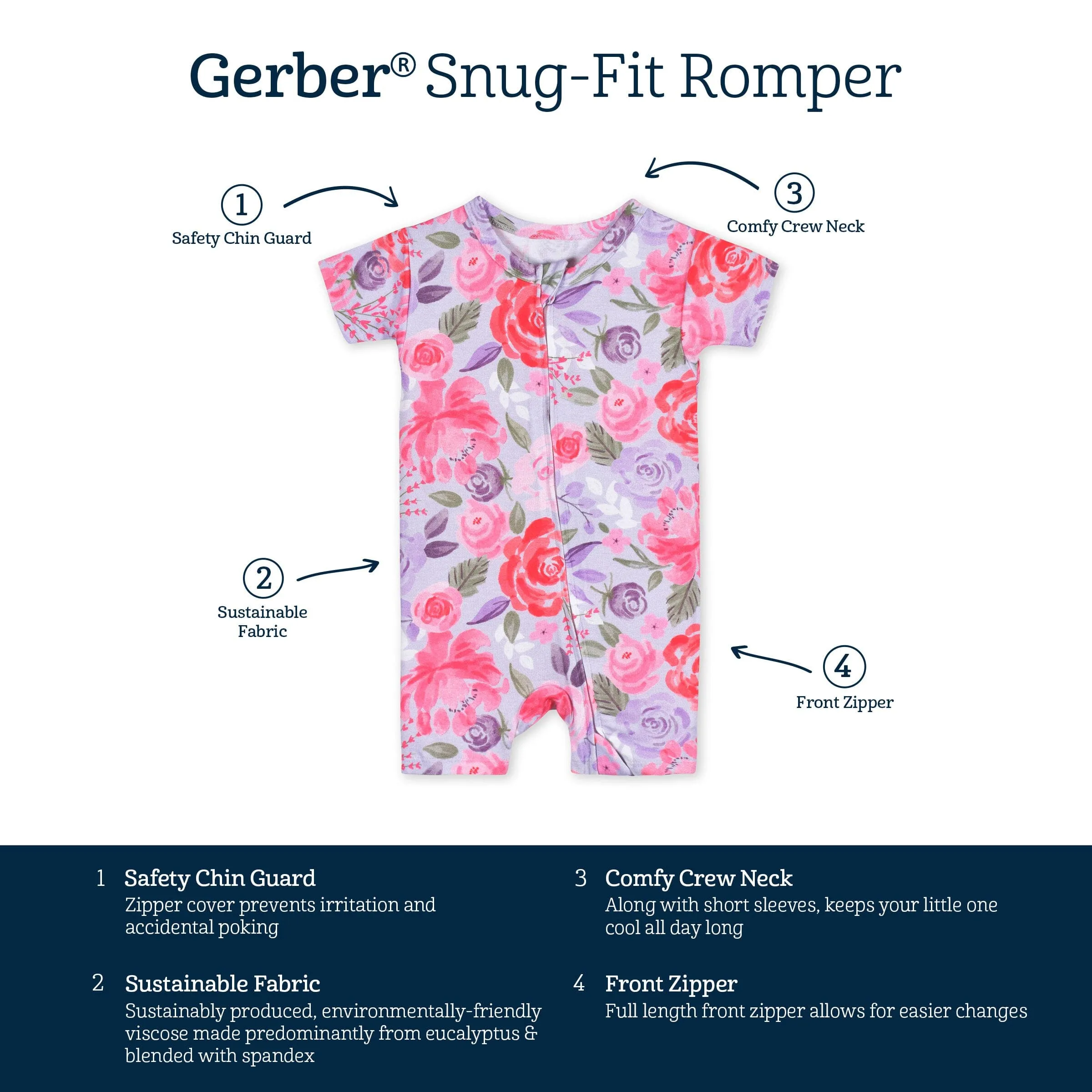 Baby Girls Lilac Garden Buttery Soft Viscose Made from Eucalyptus Snug Fit Romper Gerber Childrenswea
