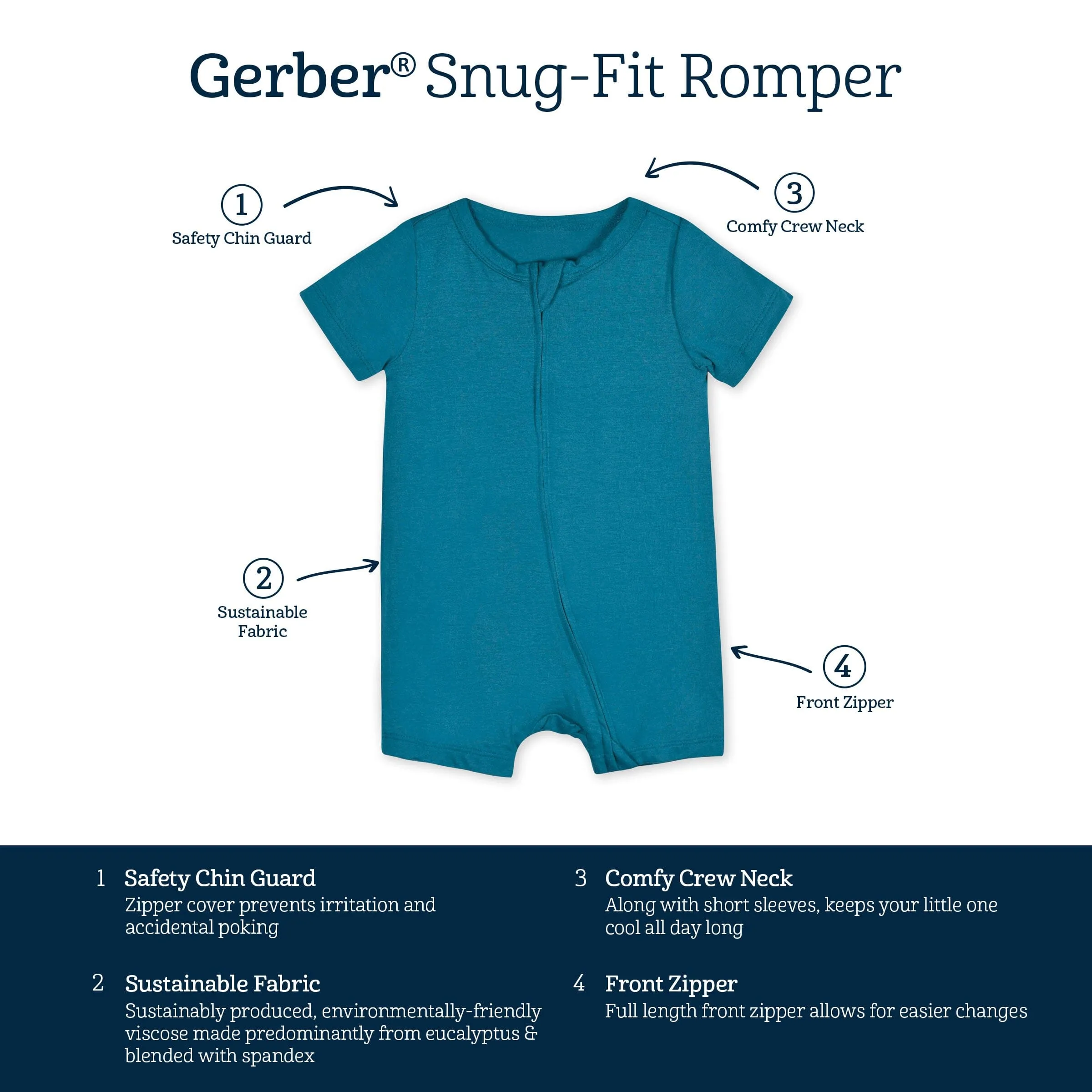 Baby Ocean Teal Buttery Soft Viscose Made from Eucalyptus Snug Fit Romper Gerber Childrenswea