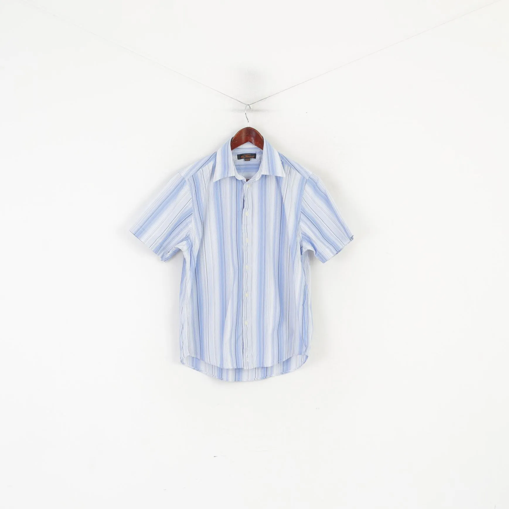 Ben Sherman Men M Casual Shirt Blue Cotton Striped Short Sleeve Top