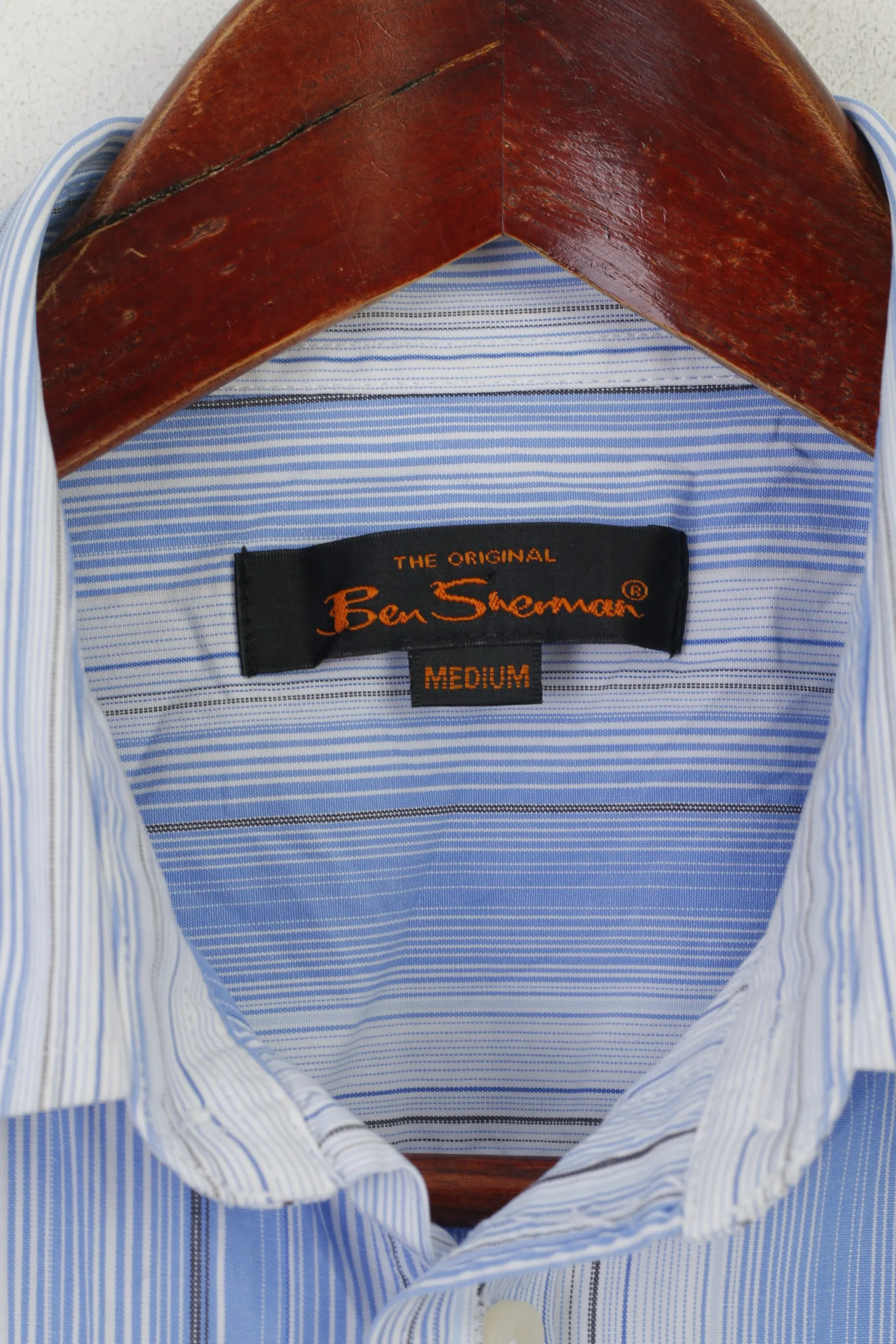Ben Sherman Men M Casual Shirt Blue Cotton Striped Short Sleeve Top