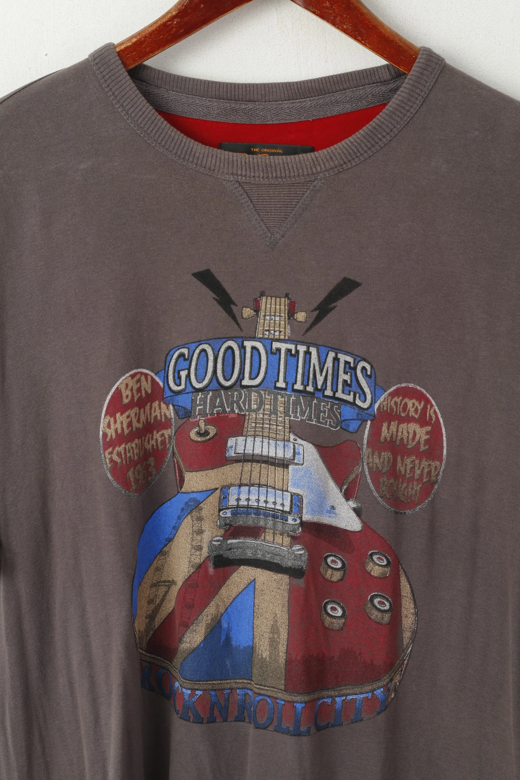 Ben Sherman Men XL T- Shirt Grey Cotton Graphic Rock'n Roll City Top
