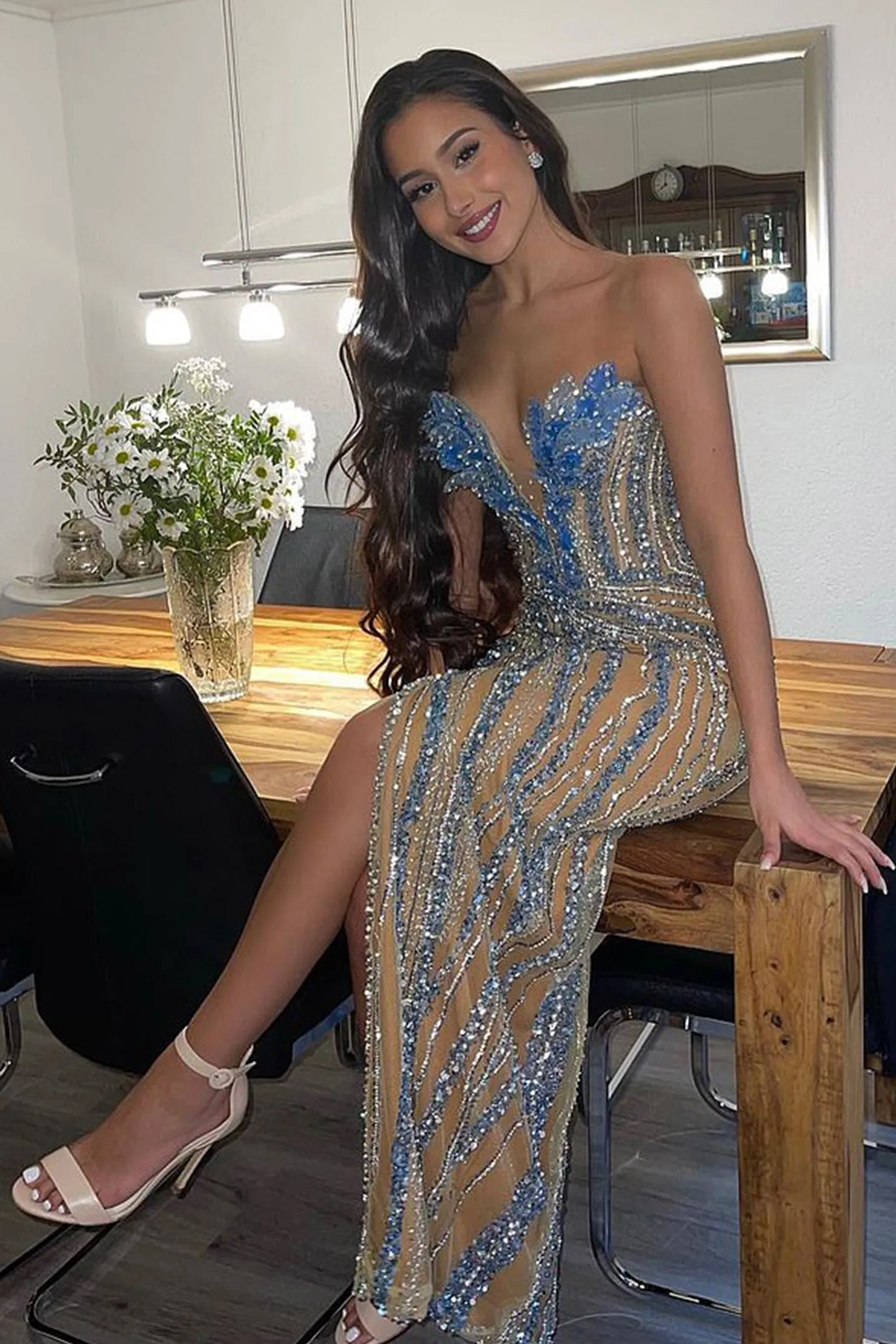 Blue Embellished Dress with Leaf Corset by Albina Dyla