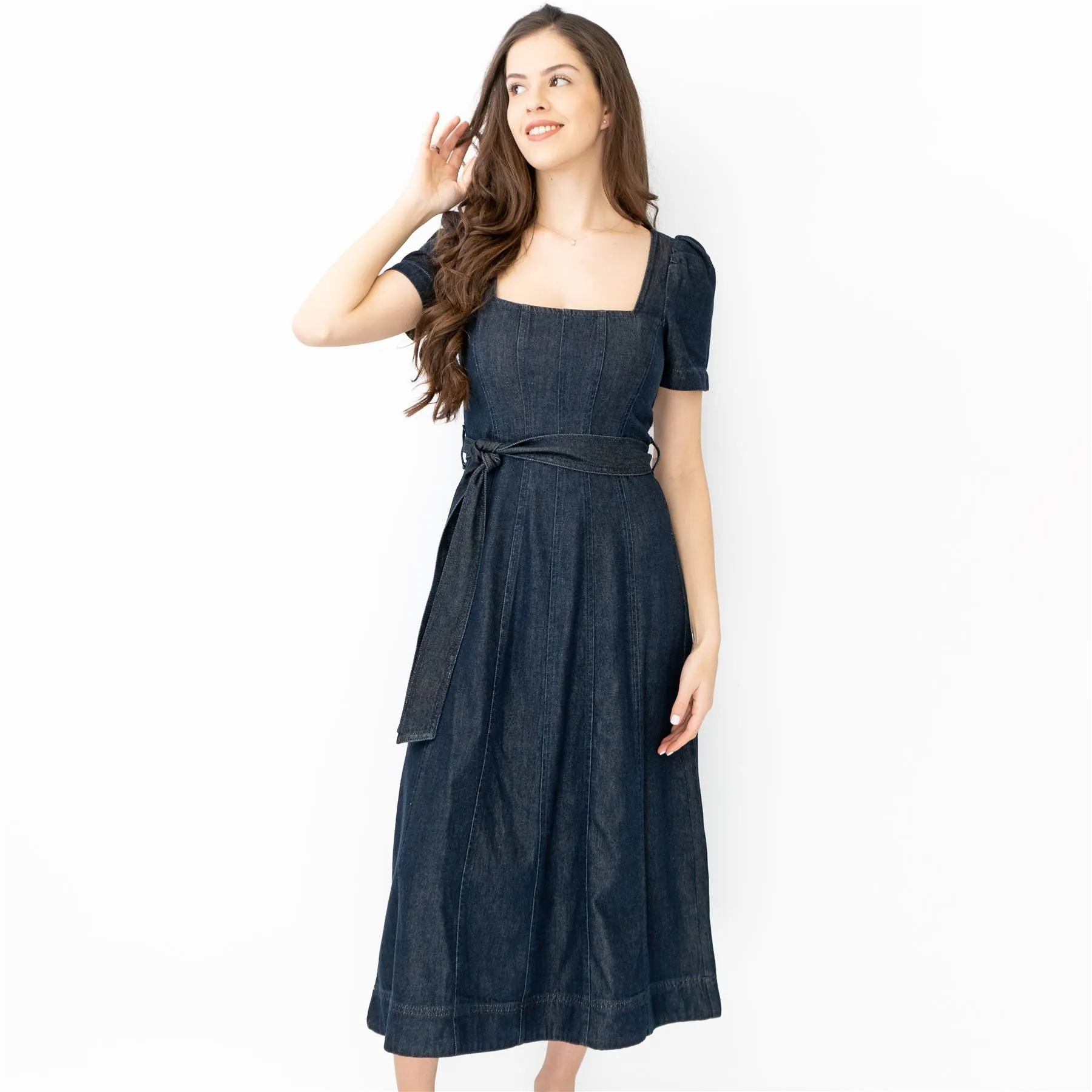 Boden Indigo Denim Short Sleeve Square Neck Belted Flare Midi Dresses