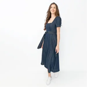 Boden Indigo Denim Short Sleeve Square Neck Belted Flare Midi Dresses