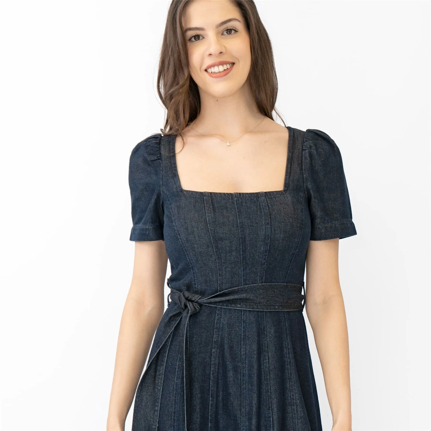 Boden Indigo Denim Short Sleeve Square Neck Belted Flare Midi Dresses