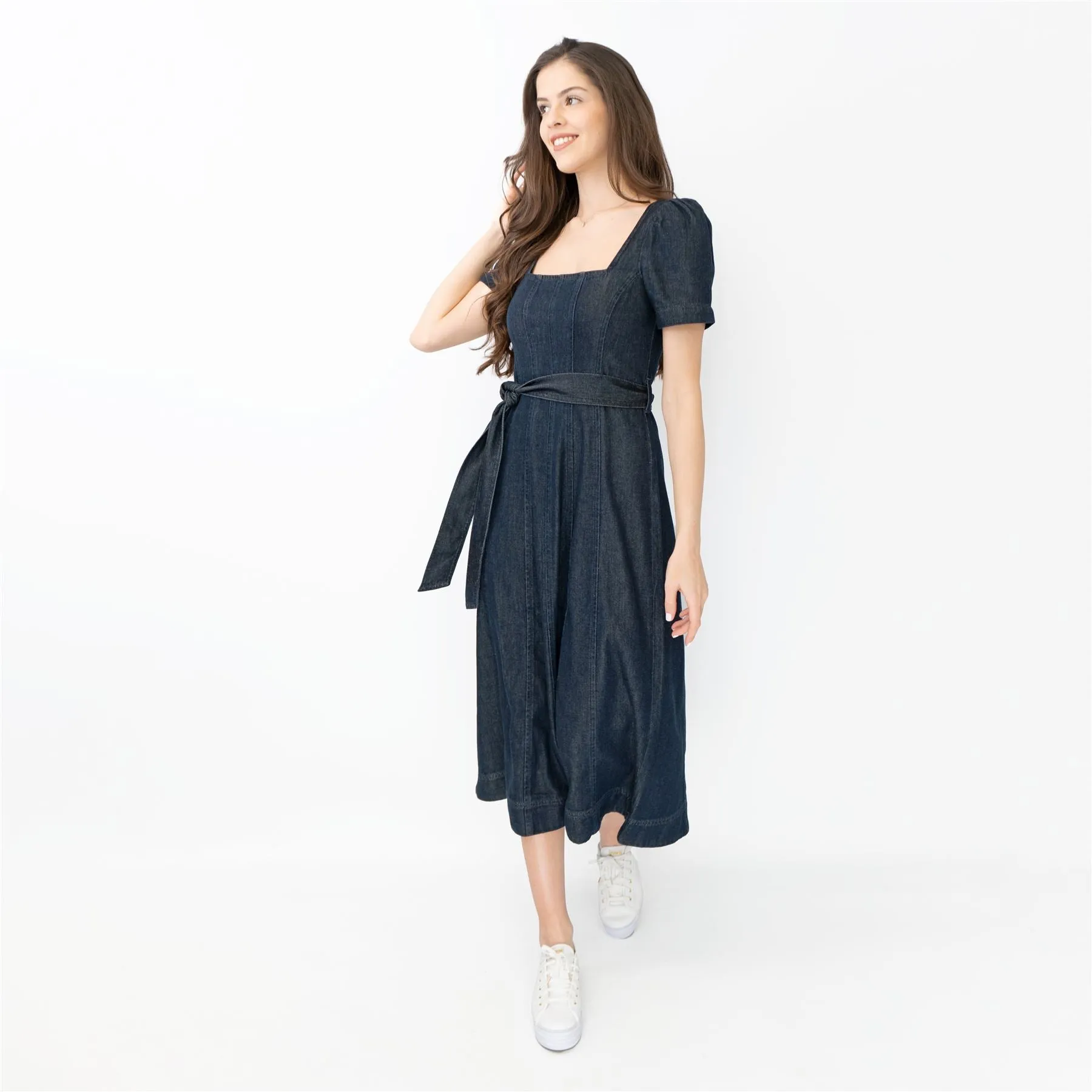 Boden Indigo Denim Short Sleeve Square Neck Belted Flare Midi Dresses