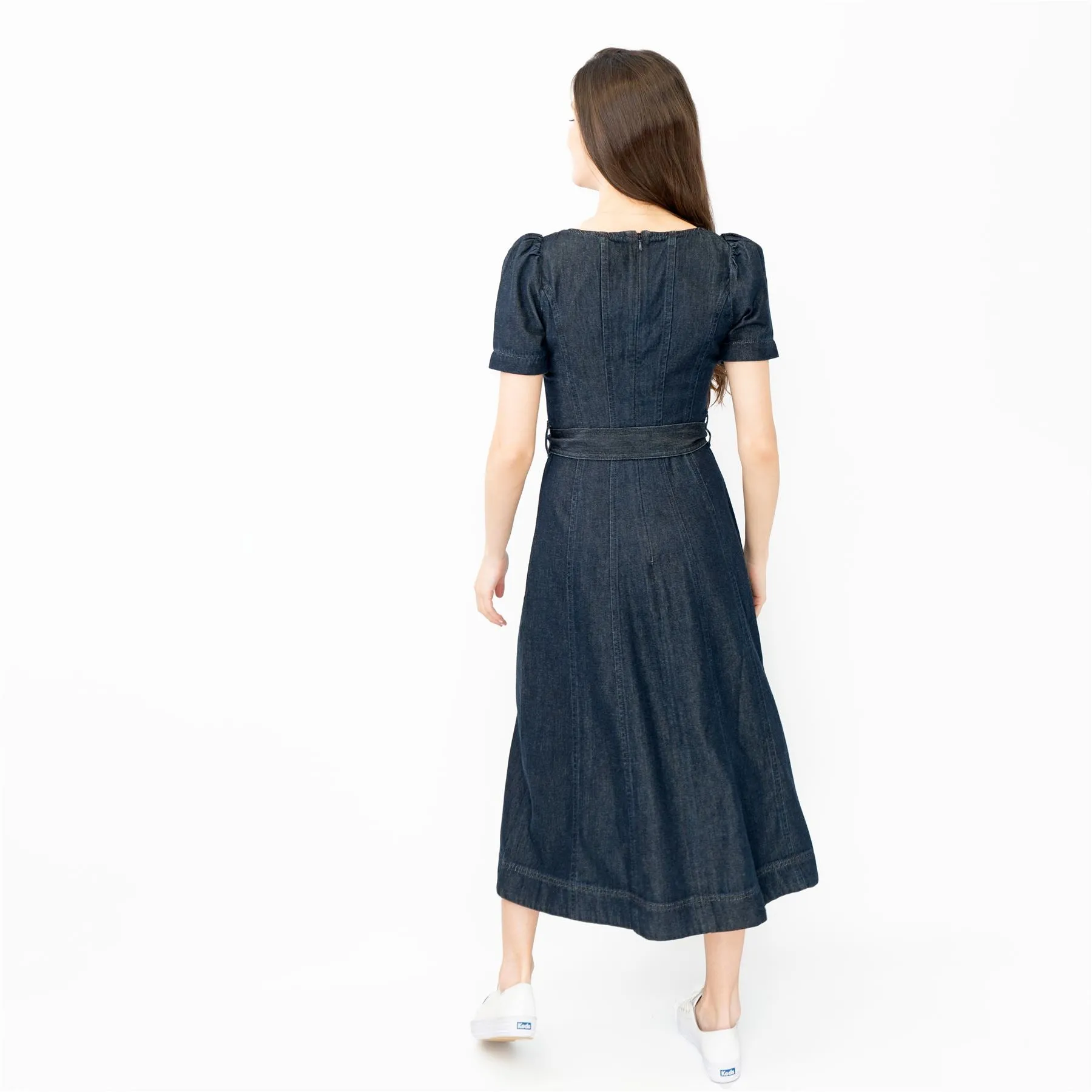 Boden Indigo Denim Short Sleeve Square Neck Belted Flare Midi Dresses