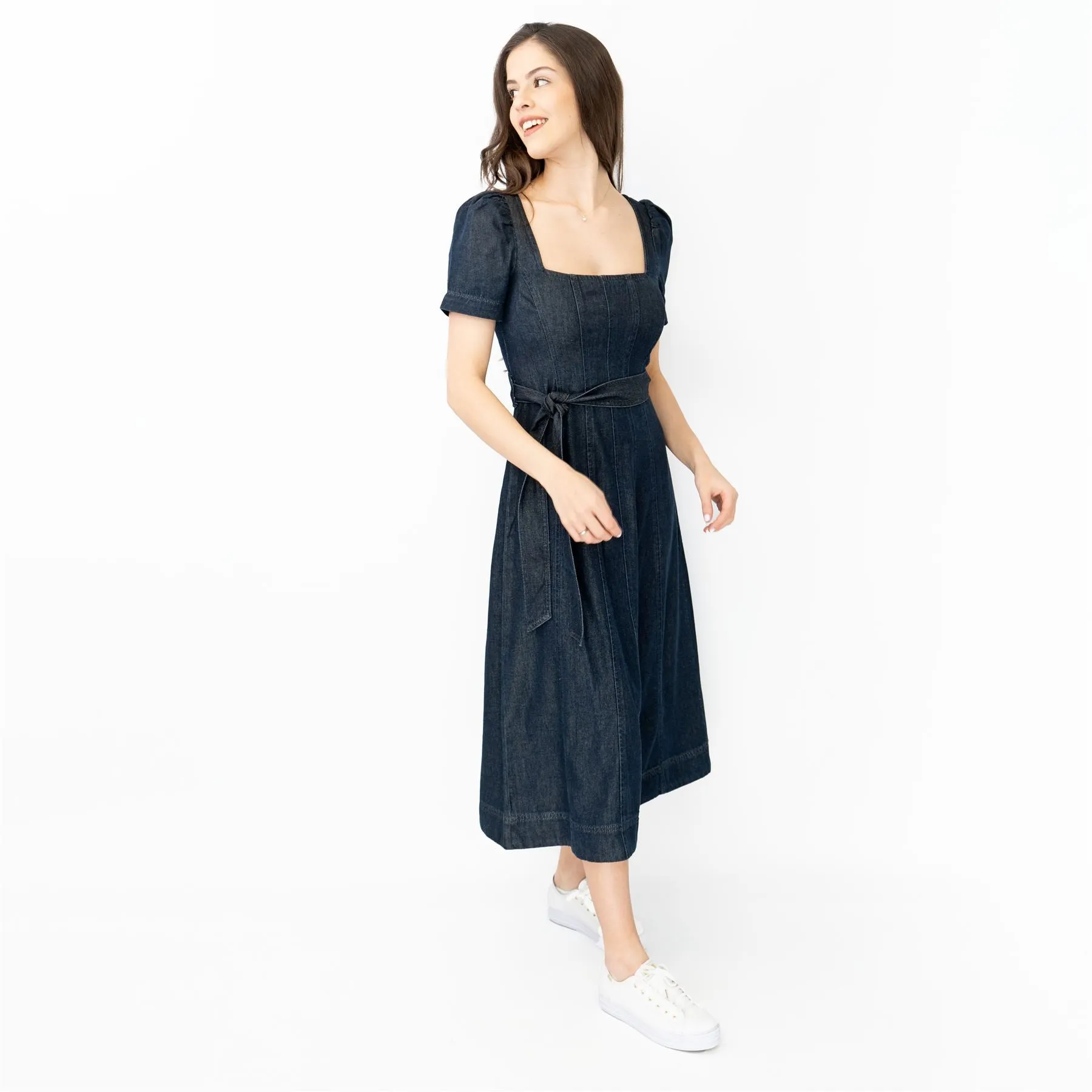 Boden Indigo Denim Short Sleeve Square Neck Belted Flare Midi Dresses