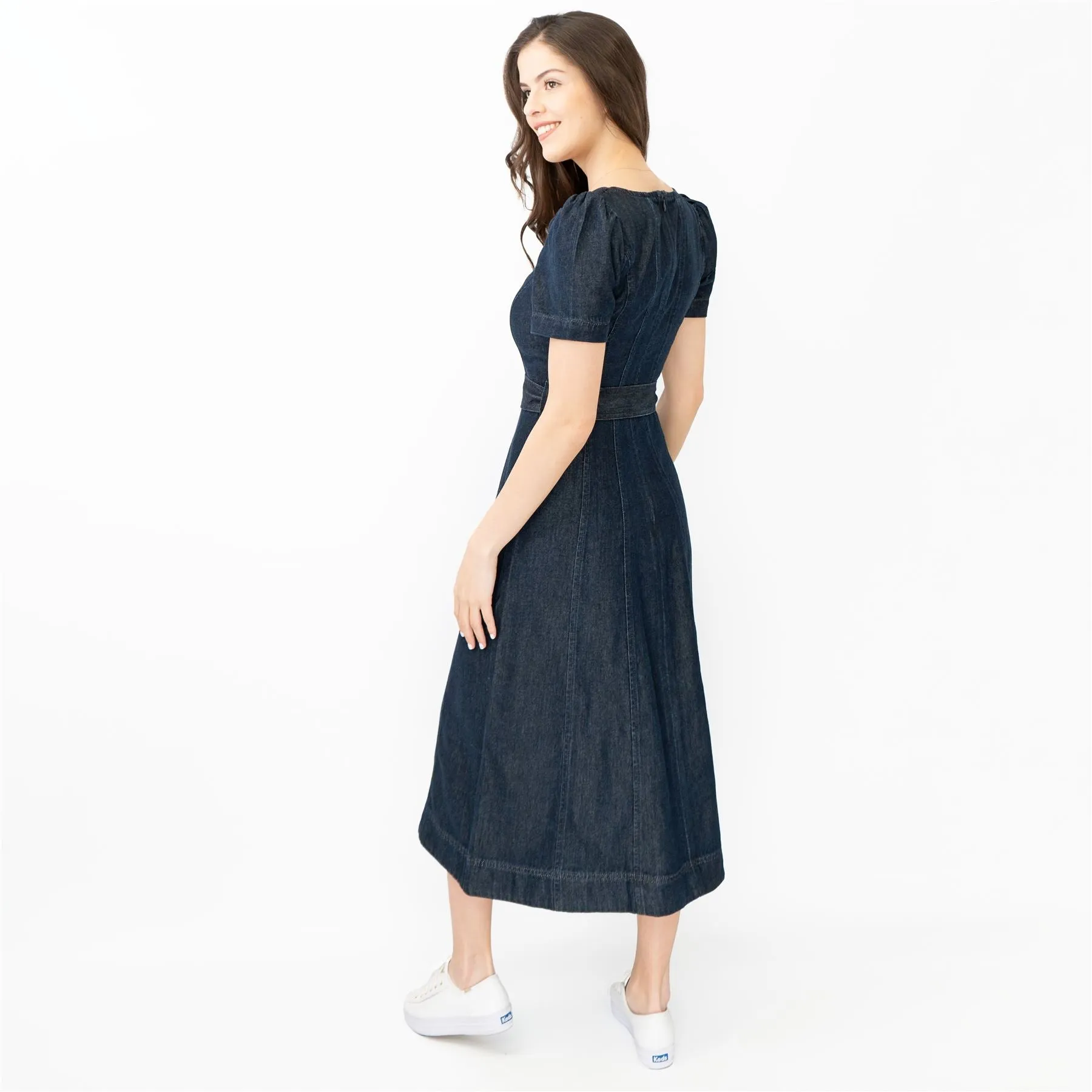 Boden Indigo Denim Short Sleeve Square Neck Belted Flare Midi Dresses