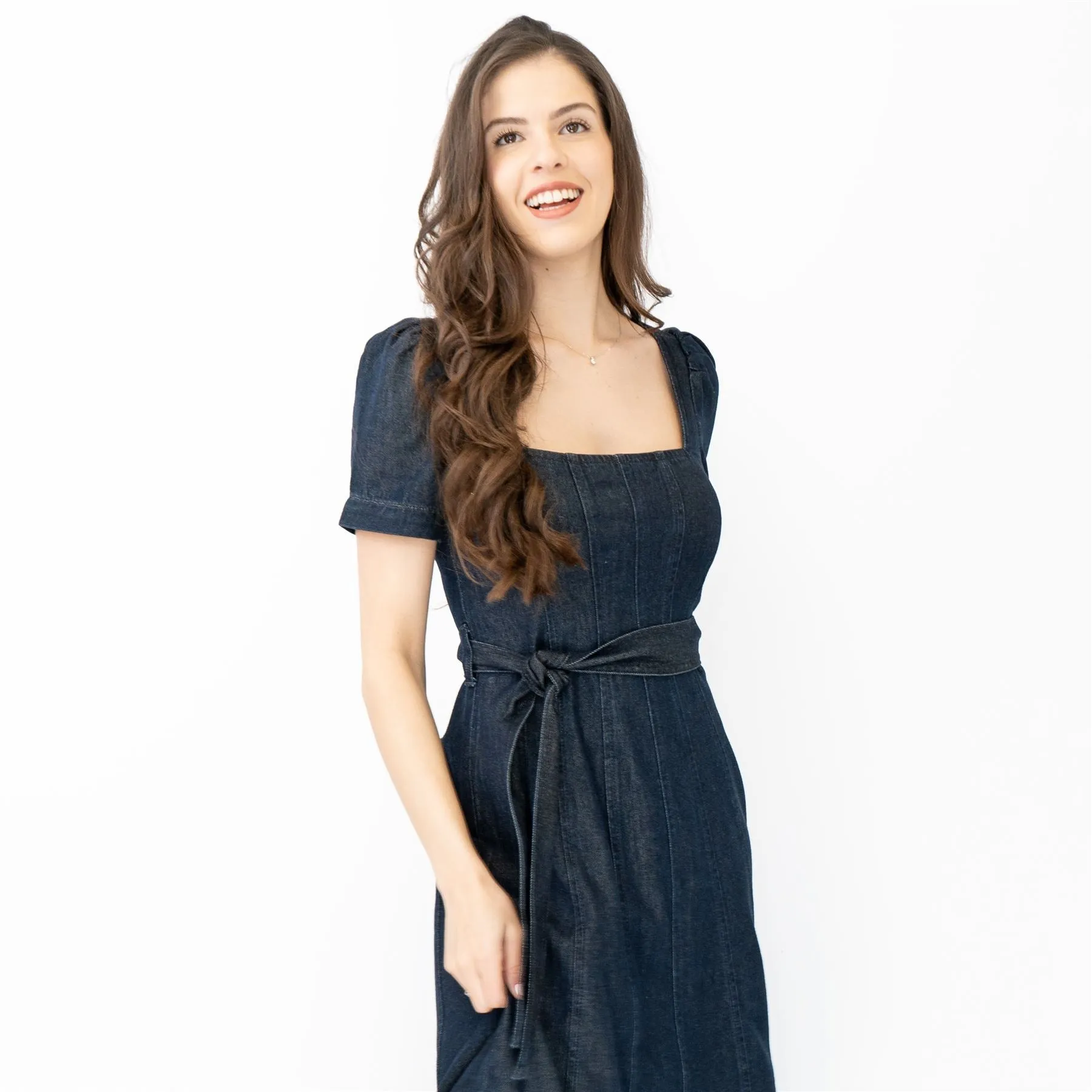 Boden Indigo Denim Short Sleeve Square Neck Belted Flare Midi Dresses