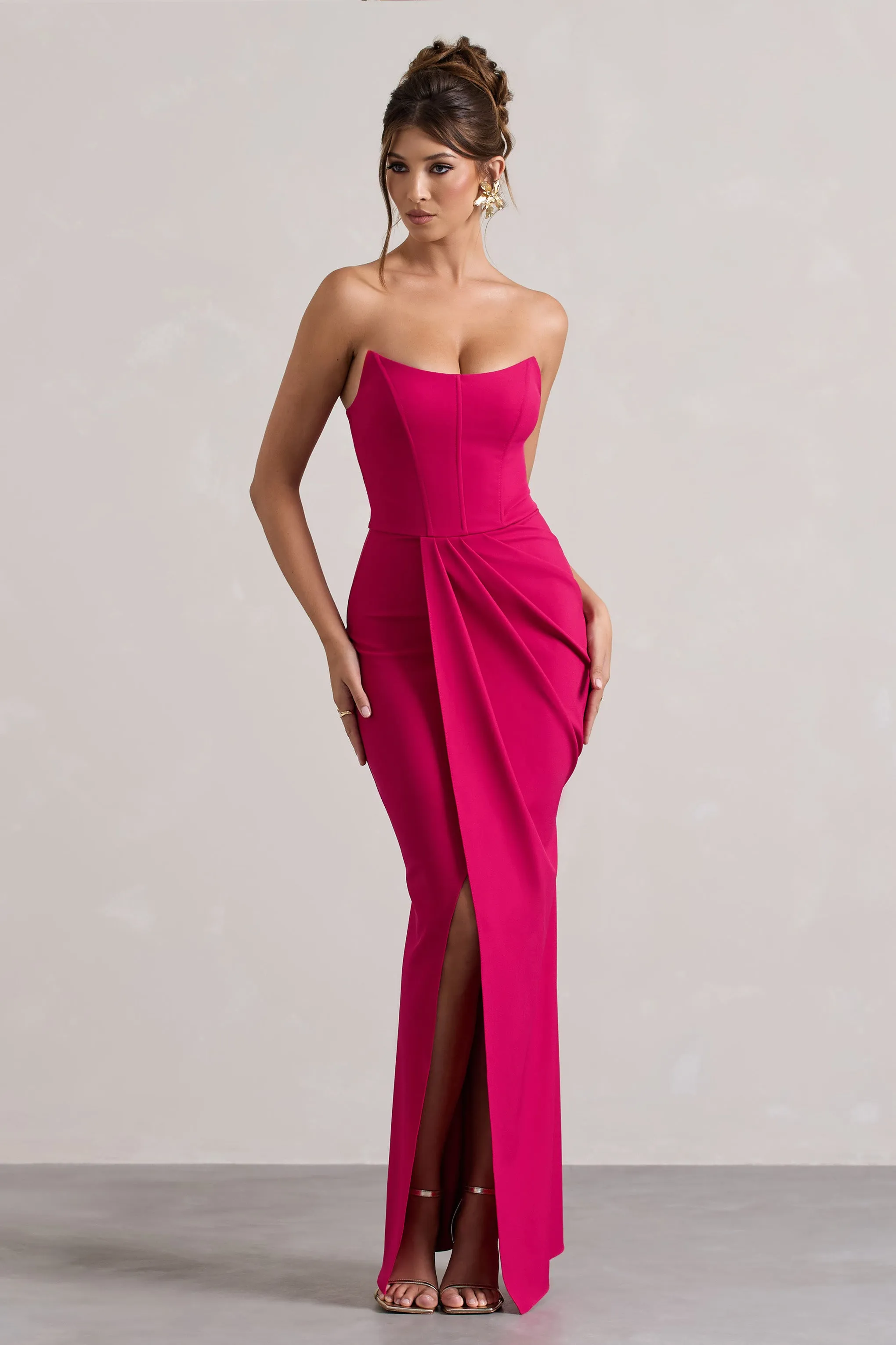 Brigitte | Hot Pink Strapless Corset Wrap Maxi Dress Club L London
