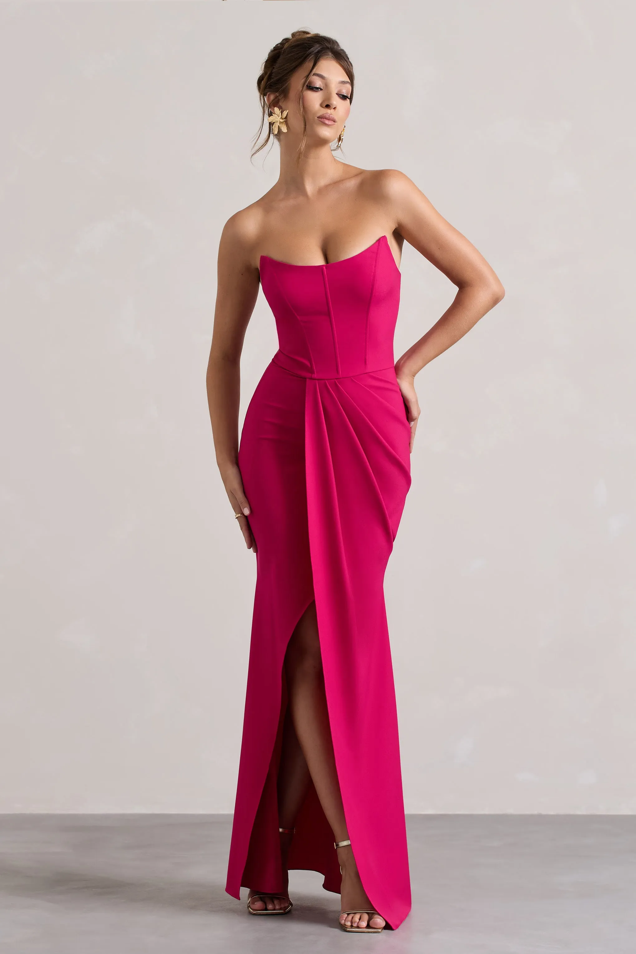 Brigitte | Hot Pink Strapless Corset Wrap Maxi Dress Club L London