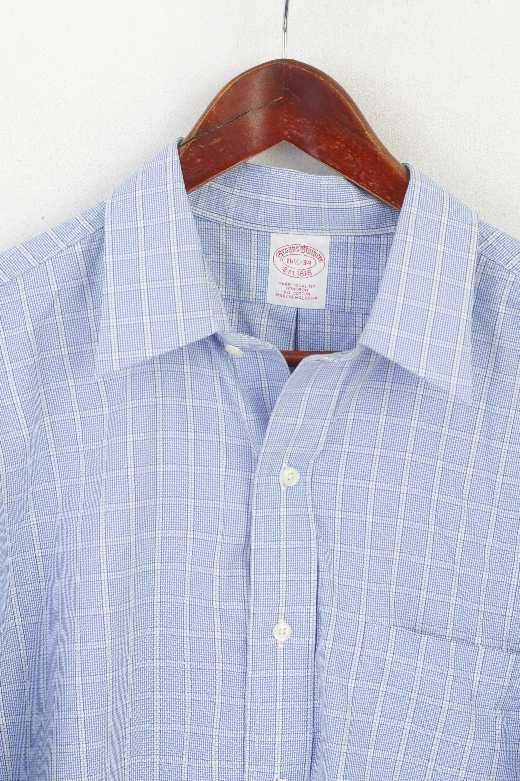 Brooks Brothers Men 16.5 34 XXL Casual Shirt Blue Check Cotton Non Iron Long Sleeve Top