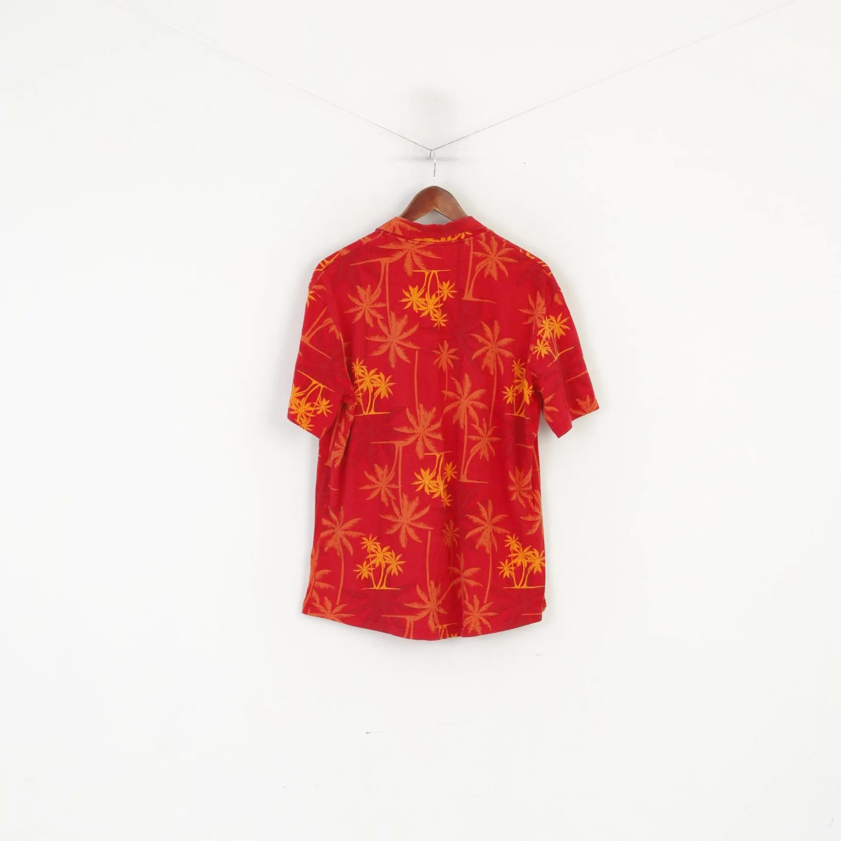 Calida Men L Casual Shirt Red Cotton Soft Palms Print Hawaii Short Sleeve Top