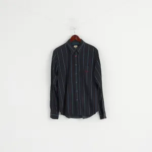 Calvin Klein Jeans Men L Casual Shirt Navy Striped Cotton Popper Buttons Long Sleeve Top