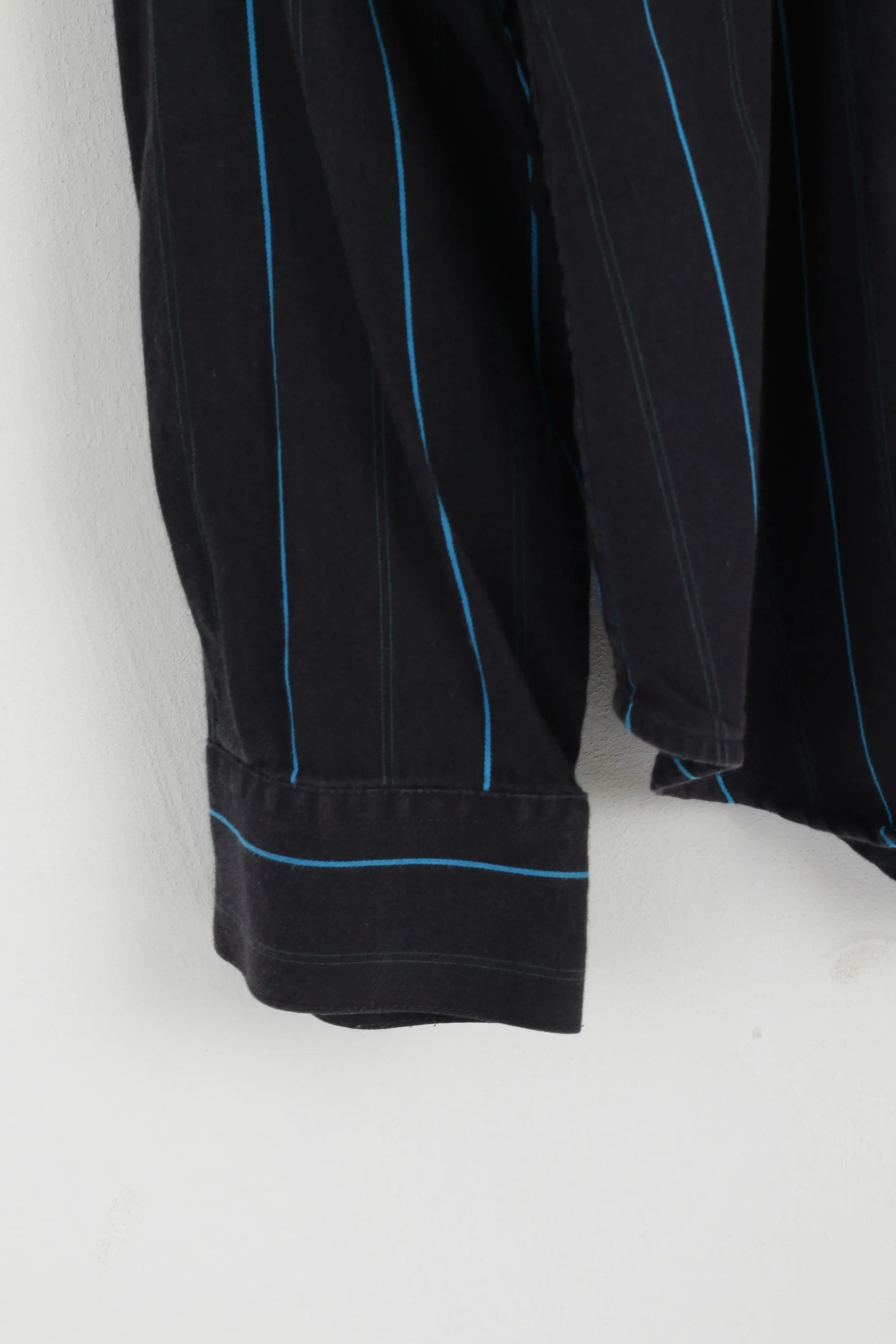 Calvin Klein Jeans Men L Casual Shirt Navy Striped Cotton Popper Buttons Long Sleeve Top
