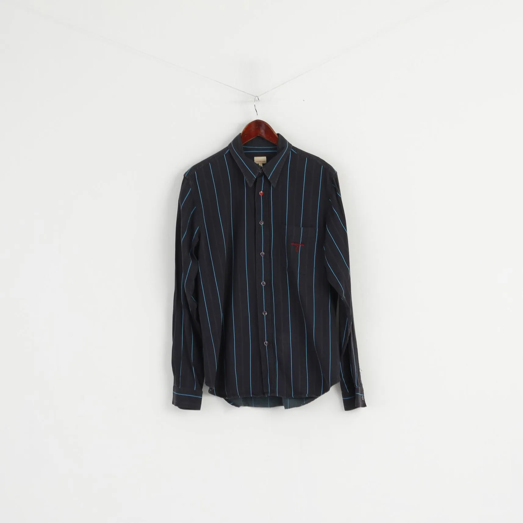 Calvin Klein Jeans Men L Casual Shirt Navy Striped Cotton Popper Buttons Long Sleeve Top