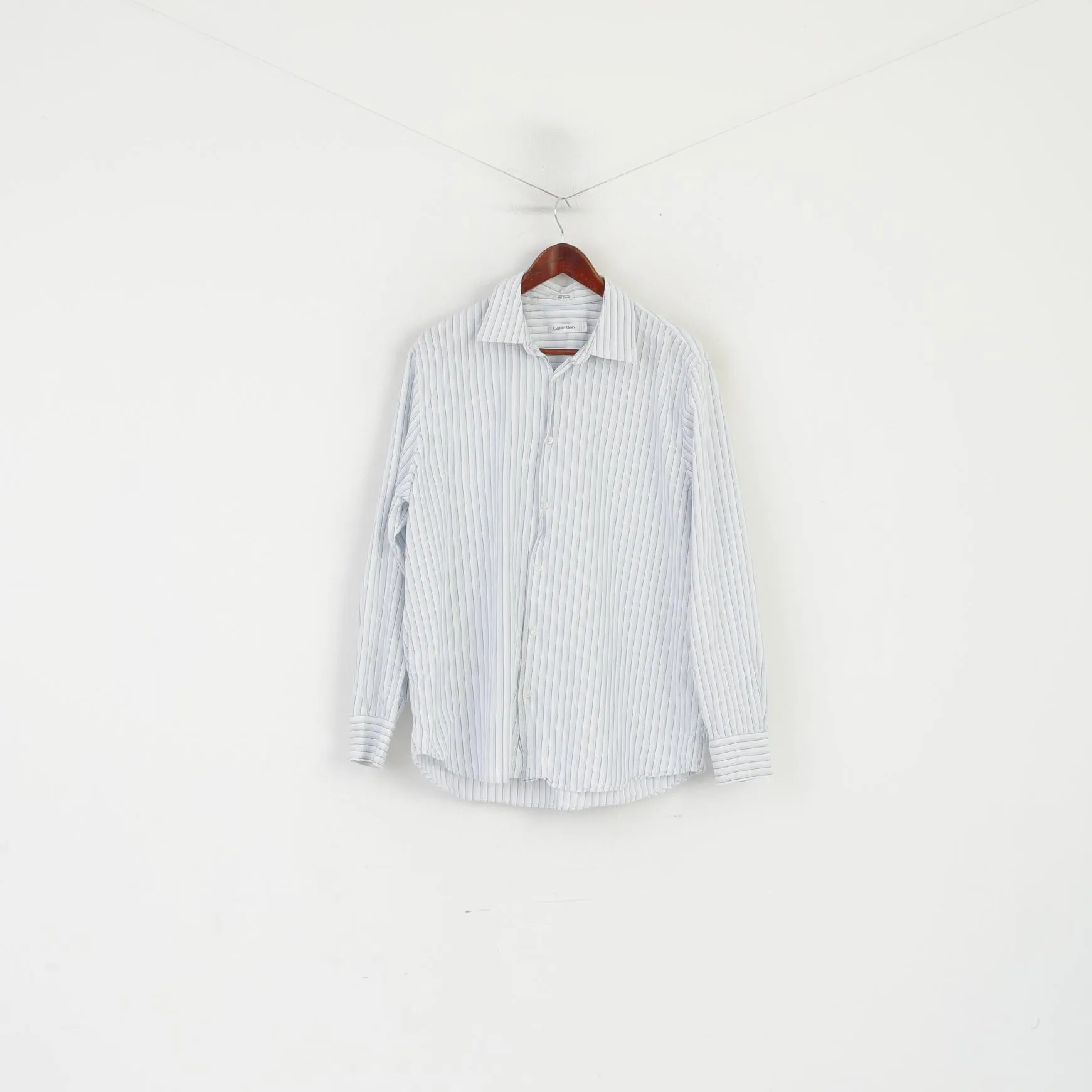 Calvin Klein Men L Casual Shirt White Blue Striped Cotton Long Sleeve Top