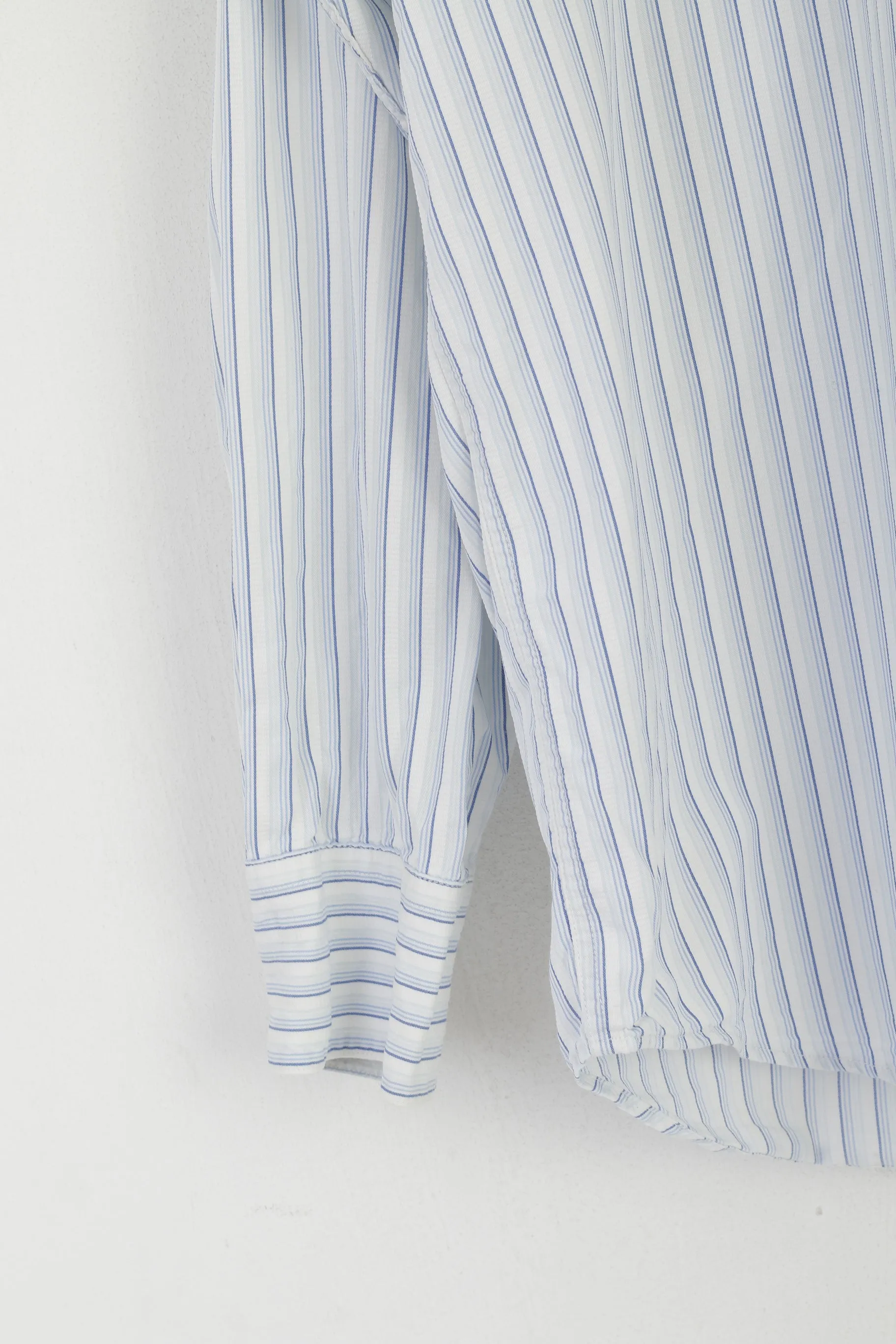 Calvin Klein Men L Casual Shirt White Blue Striped Cotton Long Sleeve Top