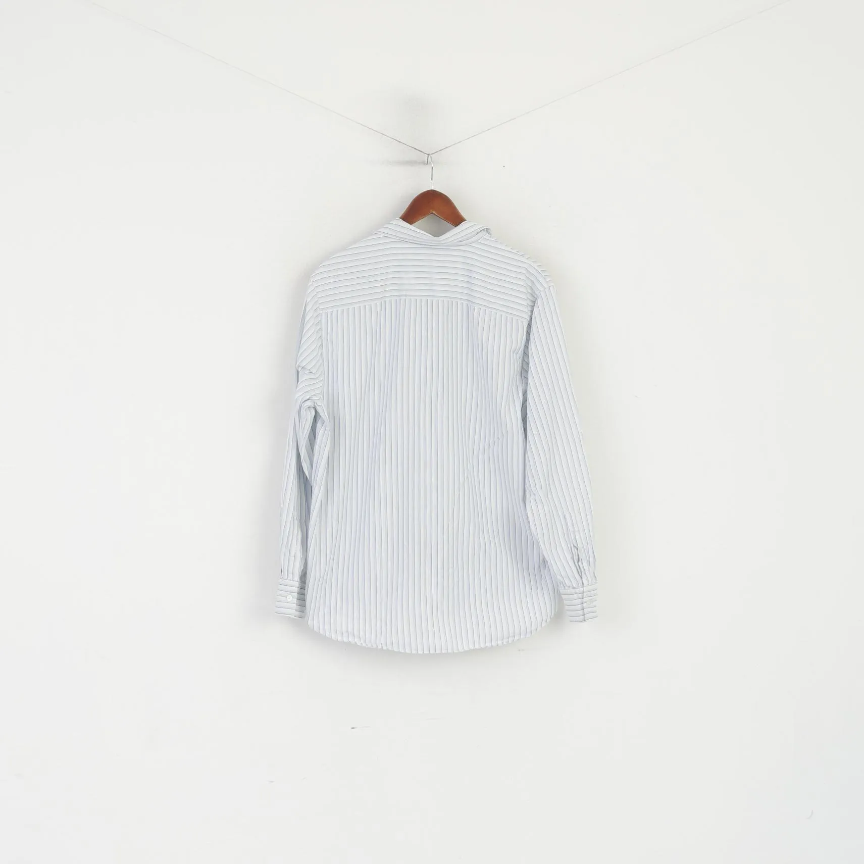 Calvin Klein Men L Casual Shirt White Blue Striped Cotton Long Sleeve Top