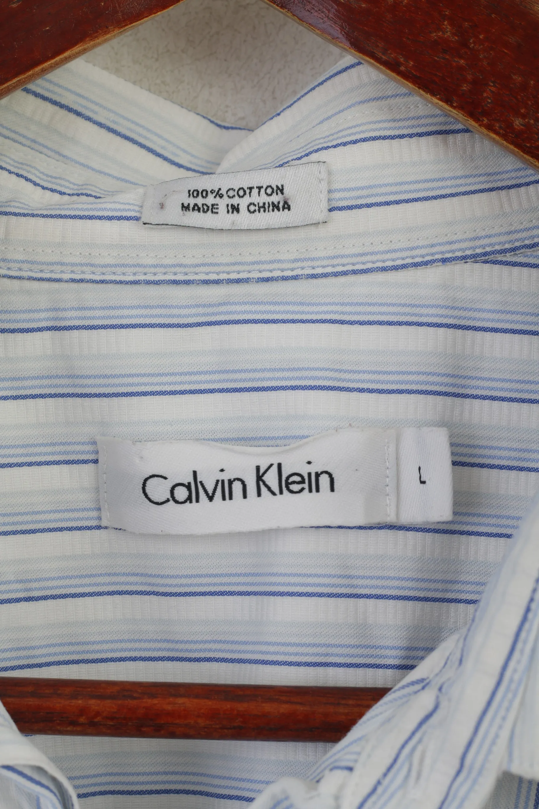 Calvin Klein Men L Casual Shirt White Blue Striped Cotton Long Sleeve Top