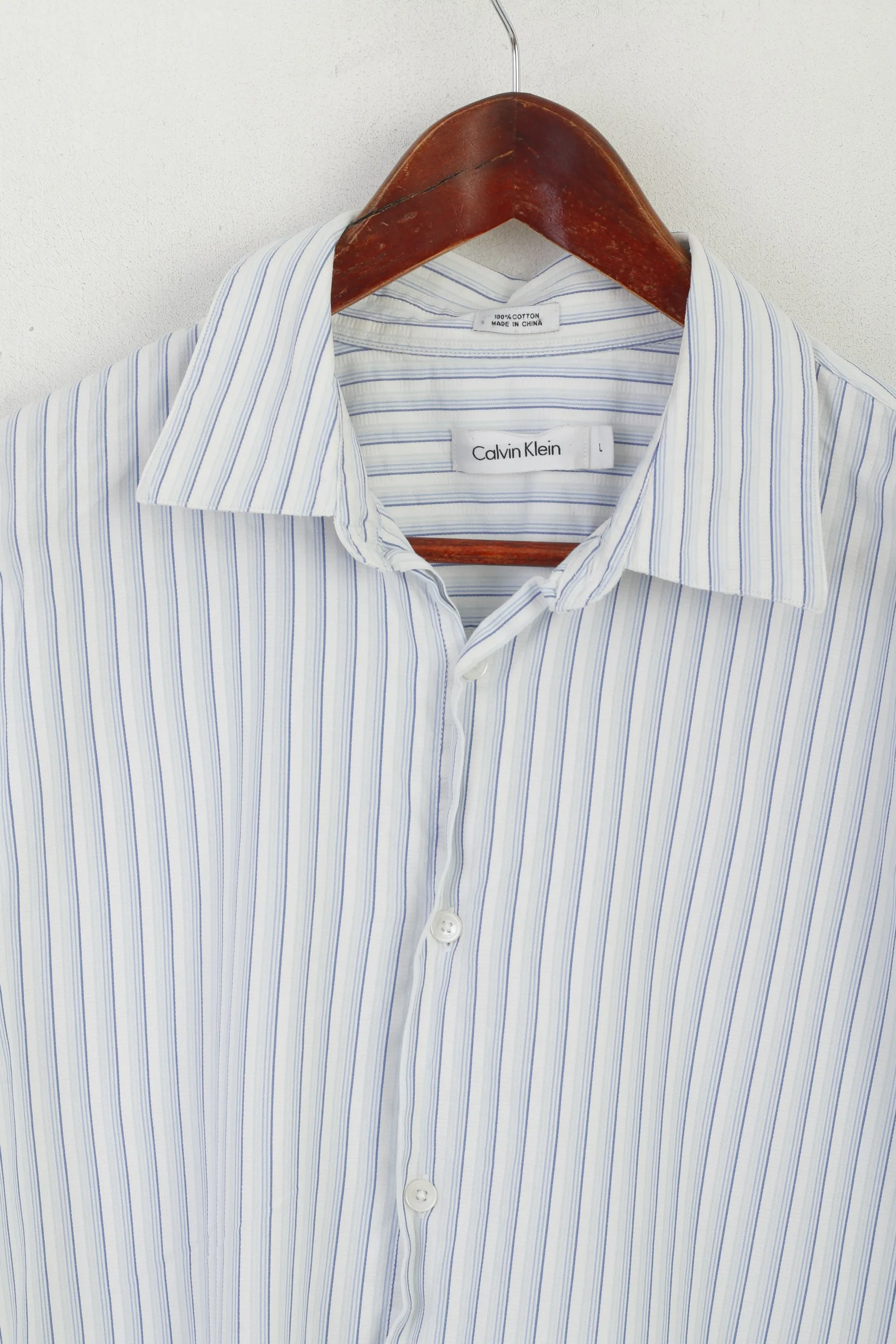 Calvin Klein Men L Casual Shirt White Blue Striped Cotton Long Sleeve Top