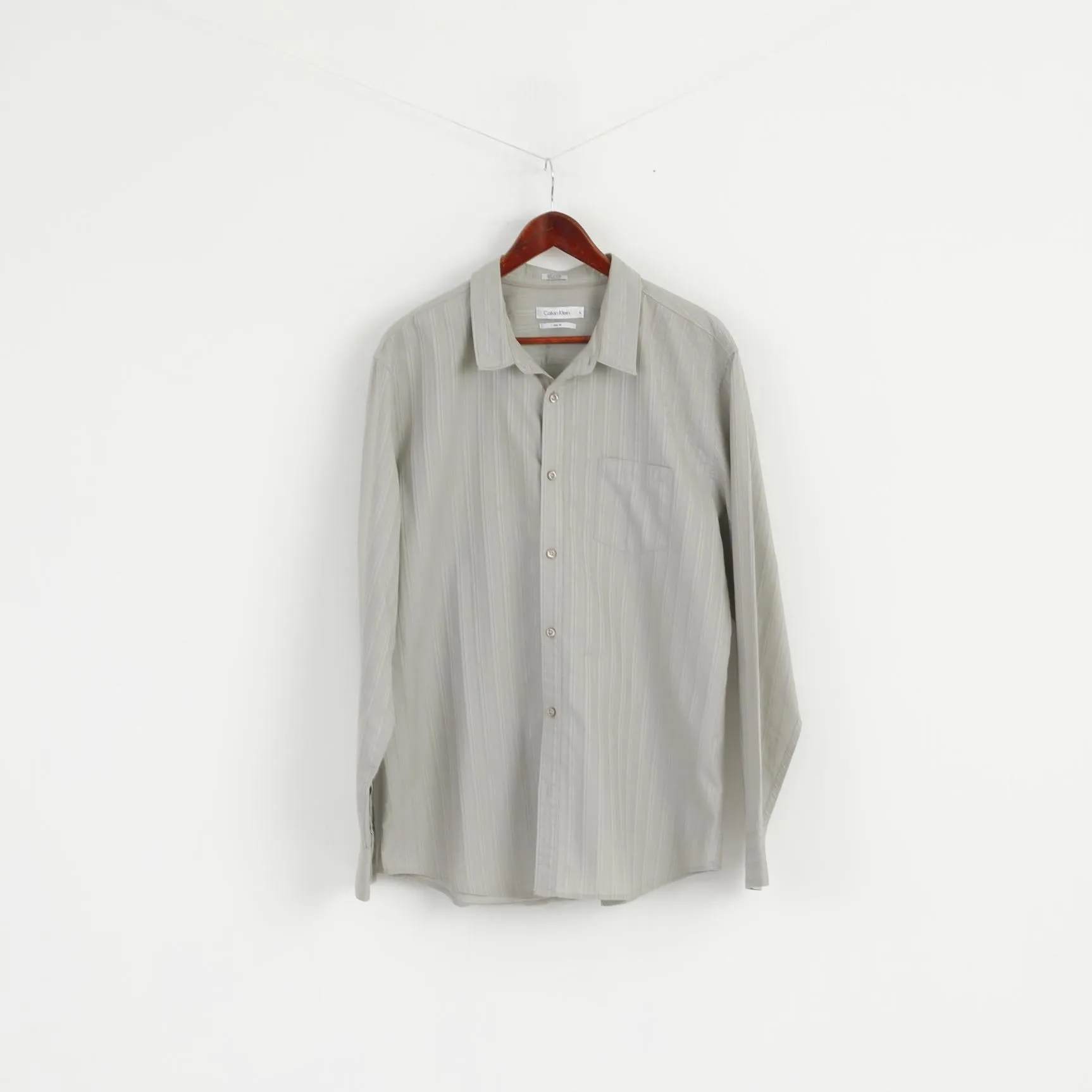 Calvin Klein Men XL Casual Shirt Grey Slim Fit Cotton Striped Emroidered Long Sleeve Top